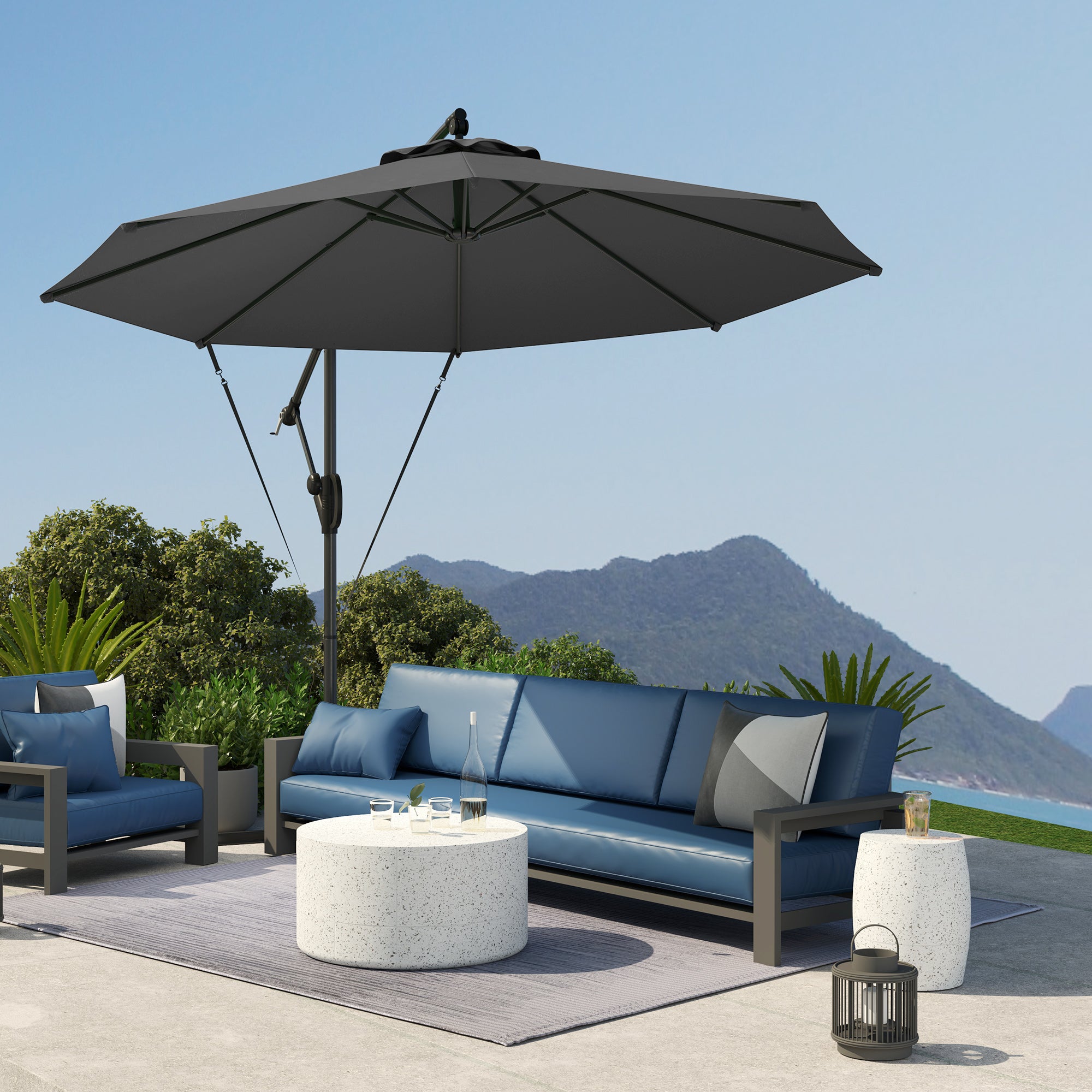 Outsunny 3(m) Garden Cantilever Parasol with Cover and Wind Protection Strap, Round Overhanging Umbrella with Crank Handle and Tilt, Banana Patio Umbrella for Outdoor Sun Shade, UPF50+, Grey - North Peak Garden Furniture