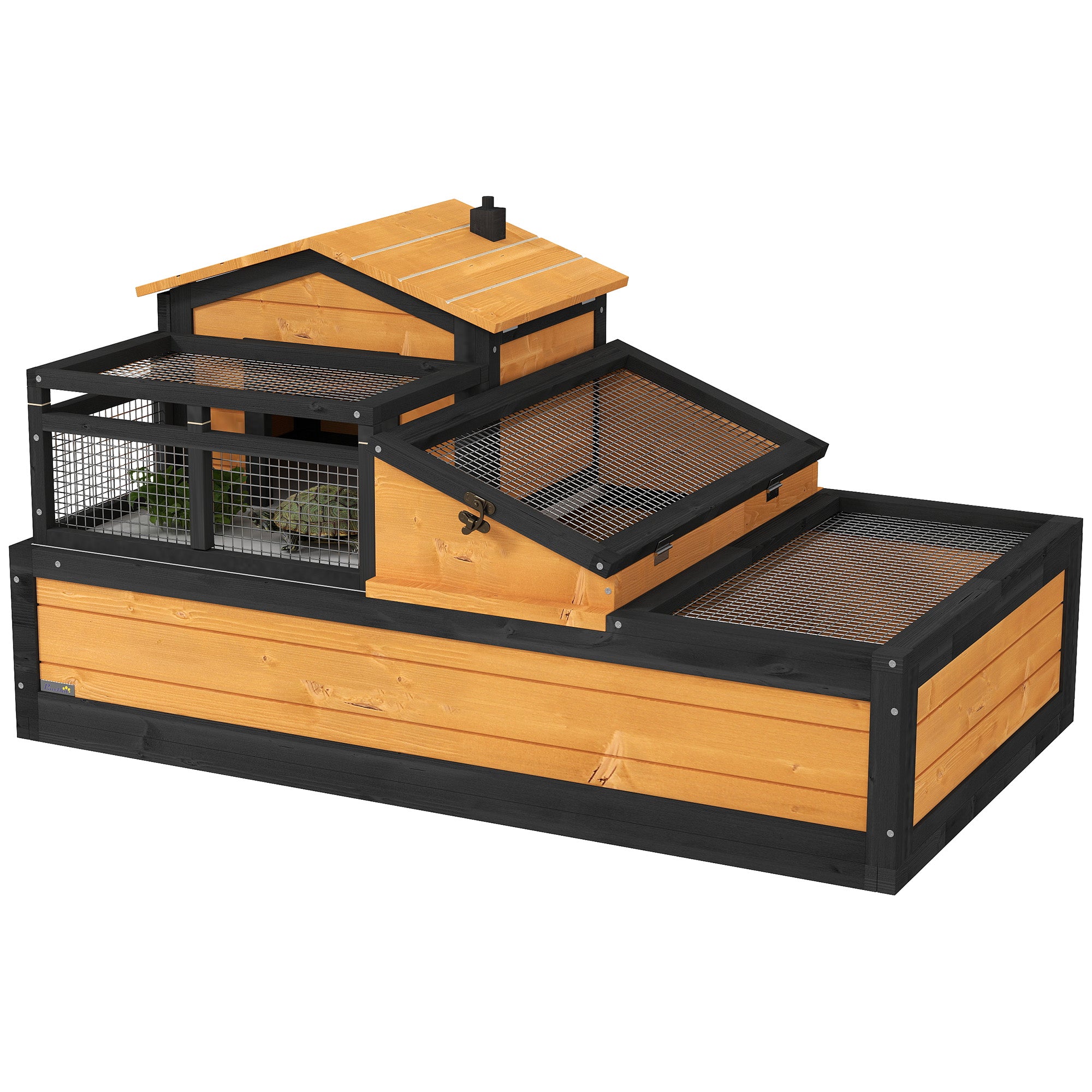 PawHut Wooden Tortoise House with Balcony, Tray, Roof, for Indoor and Outdoor, Yellow - North Peak Garden Furniture