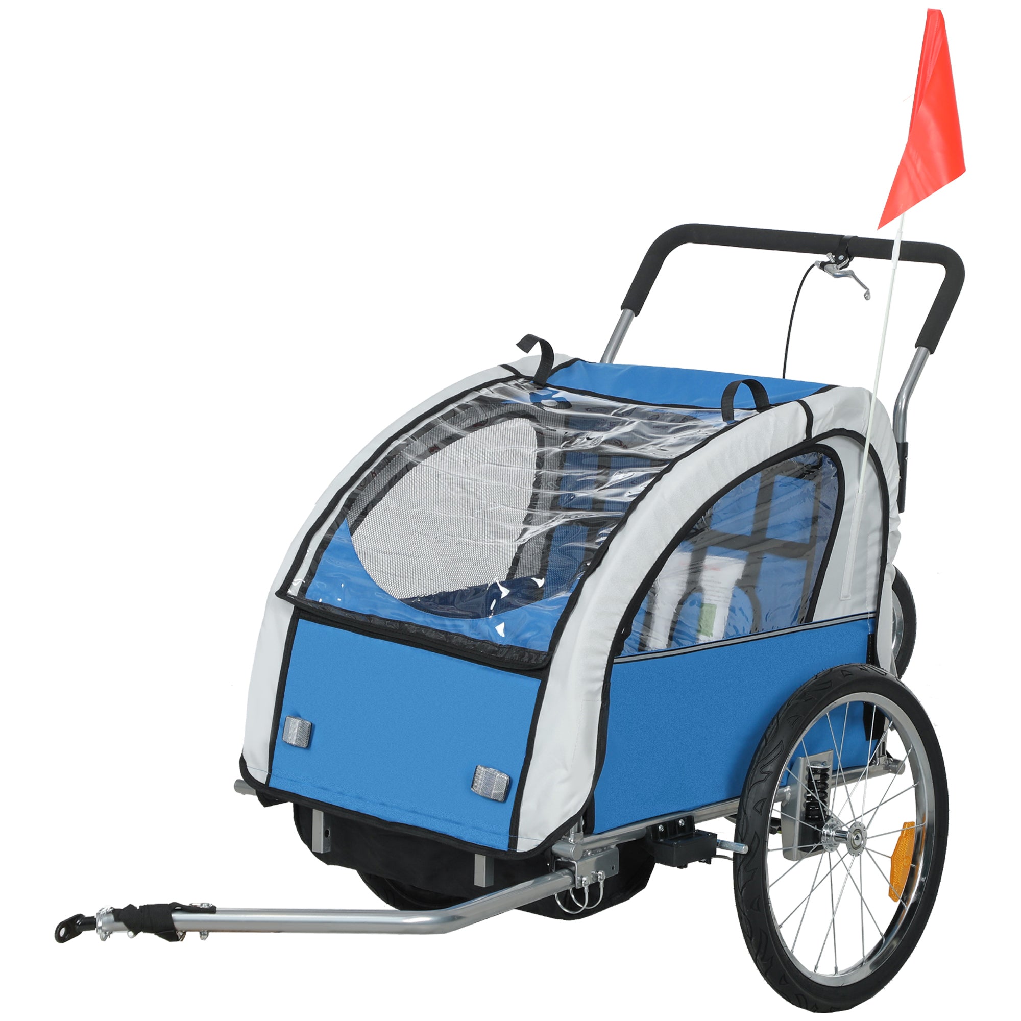 HOMCOM 2 Seat Bike Trailer with 5 Point Harness, Baby Bike Stroller with Safety Flag, Reflectors, for 18+ Months, Blue - North Peak Garden Furniture