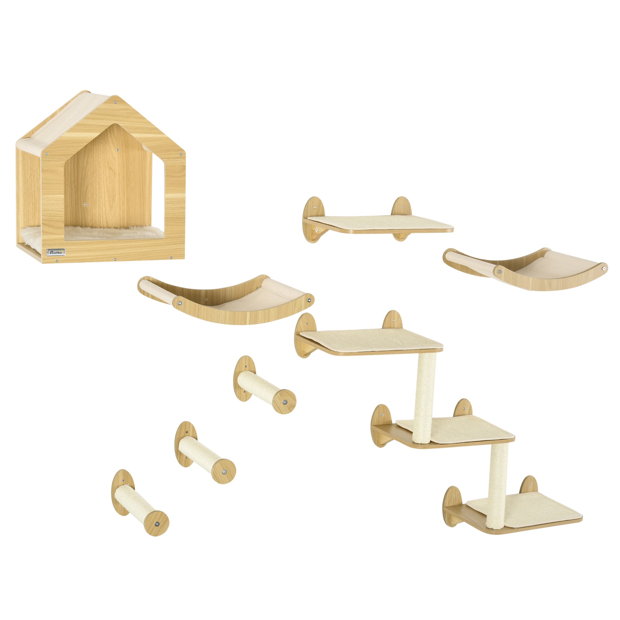 PawHut 8 Piece Cat Shelves Set, with Cat House, Three Perches, Three Scratching Posts - North Peak Garden Furniture