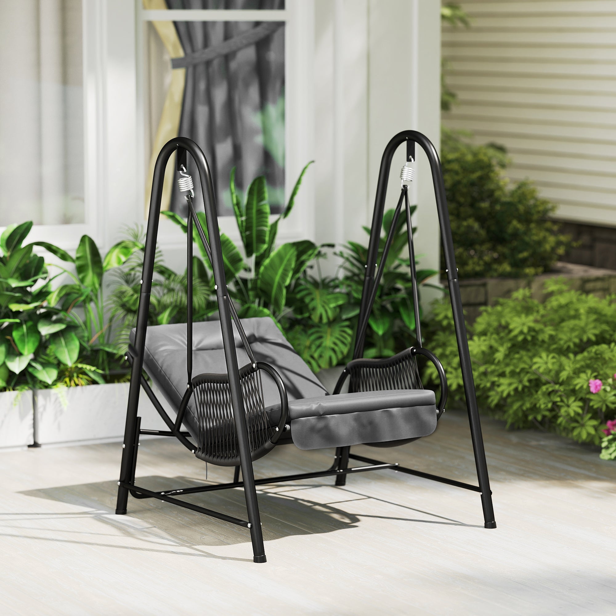 Outsunny Rattan Swing Chair, Outdoor Garden Hanging Swing Seat with Stand and Seat Cushion, Porch Hanging Chair for Balcony, Garden, Deck, Dark Grey - North Peak Garden Furniture