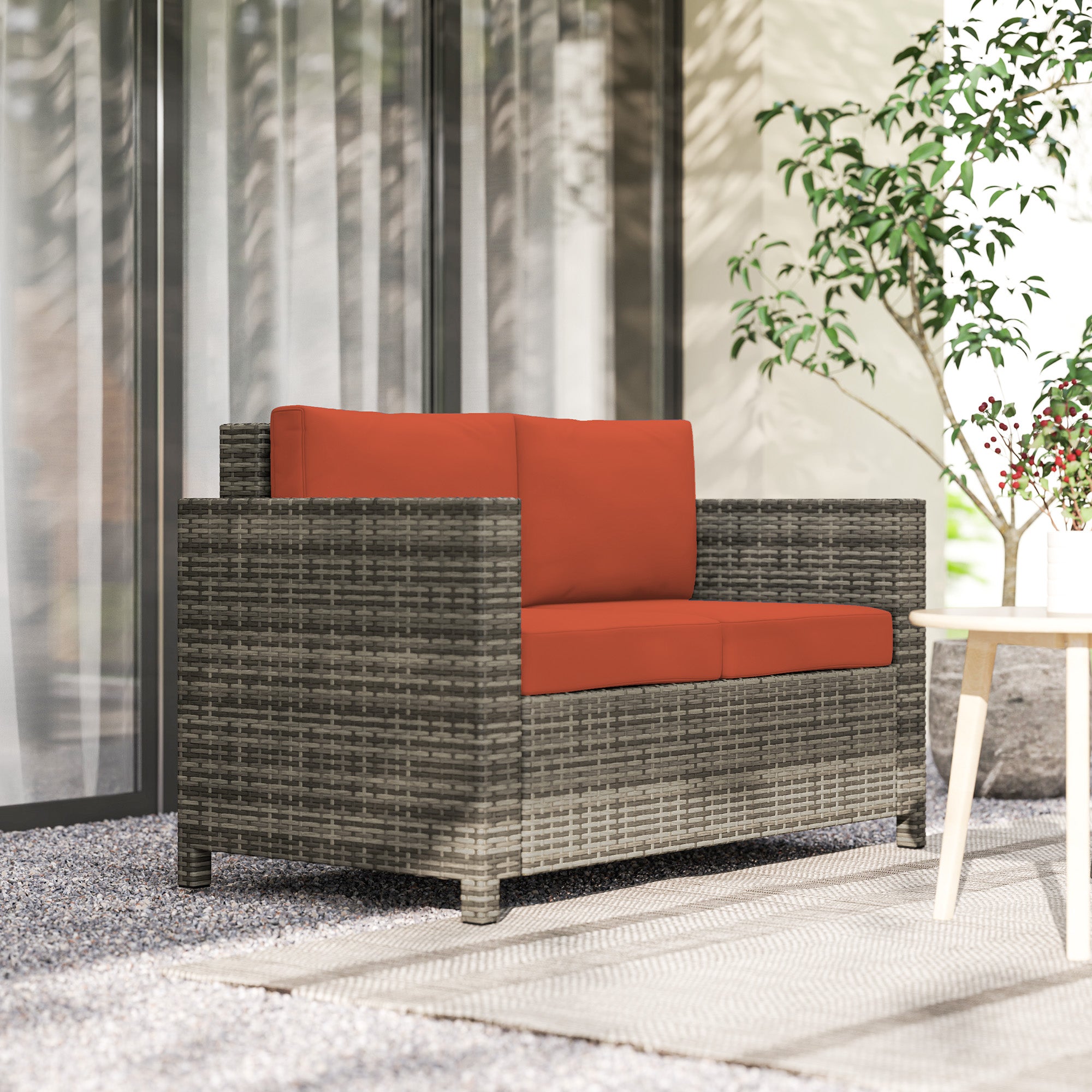 Outsunny 2 Seater Garden Furniture, Rattan Sofa with Soft Padded Cushion and Armrests, Wicker Garden Loveseat for Patio, Grey - North Peak Garden Furniture