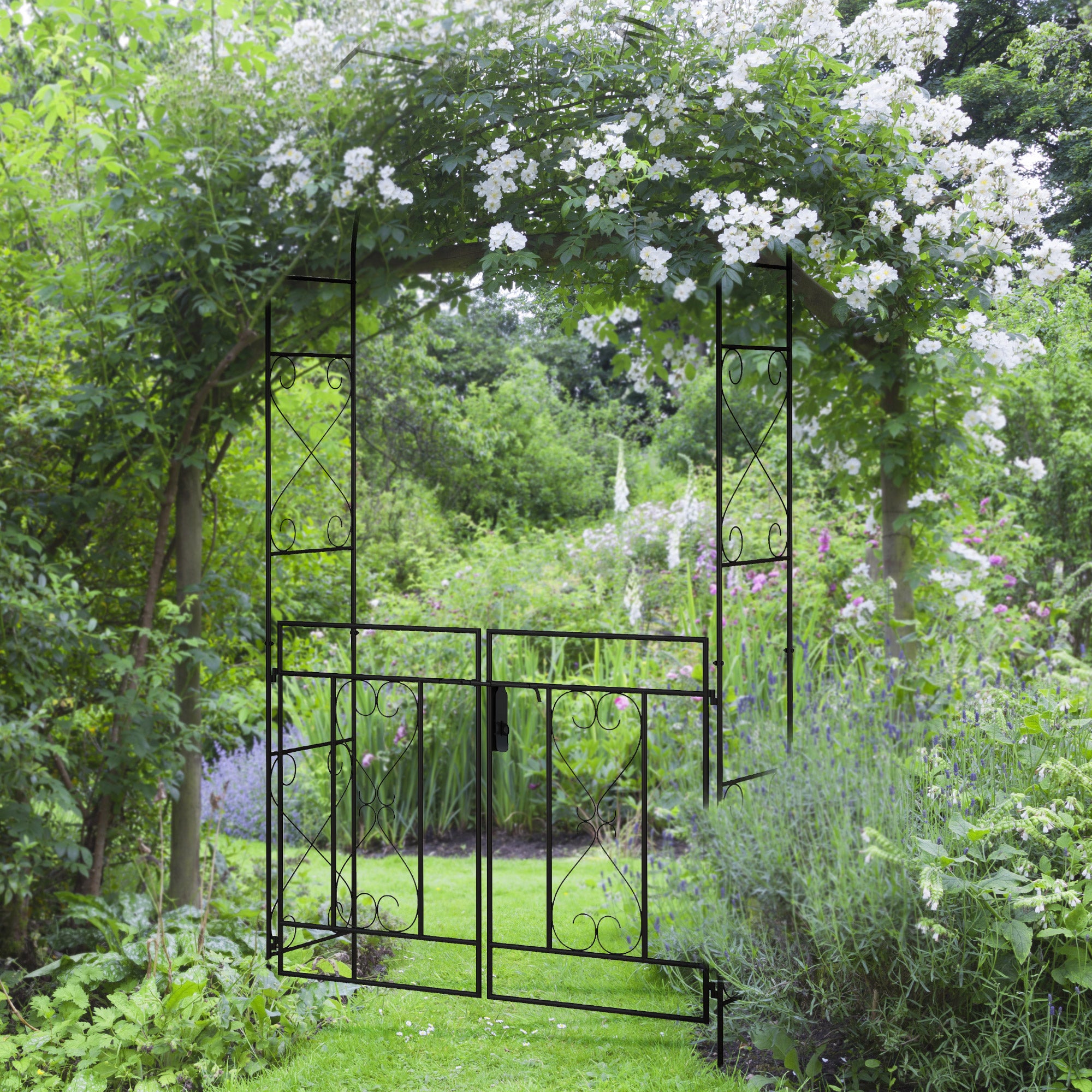 Outsunny Decorative Garden Arch, with Gate - Black - North Peak Garden Furniture