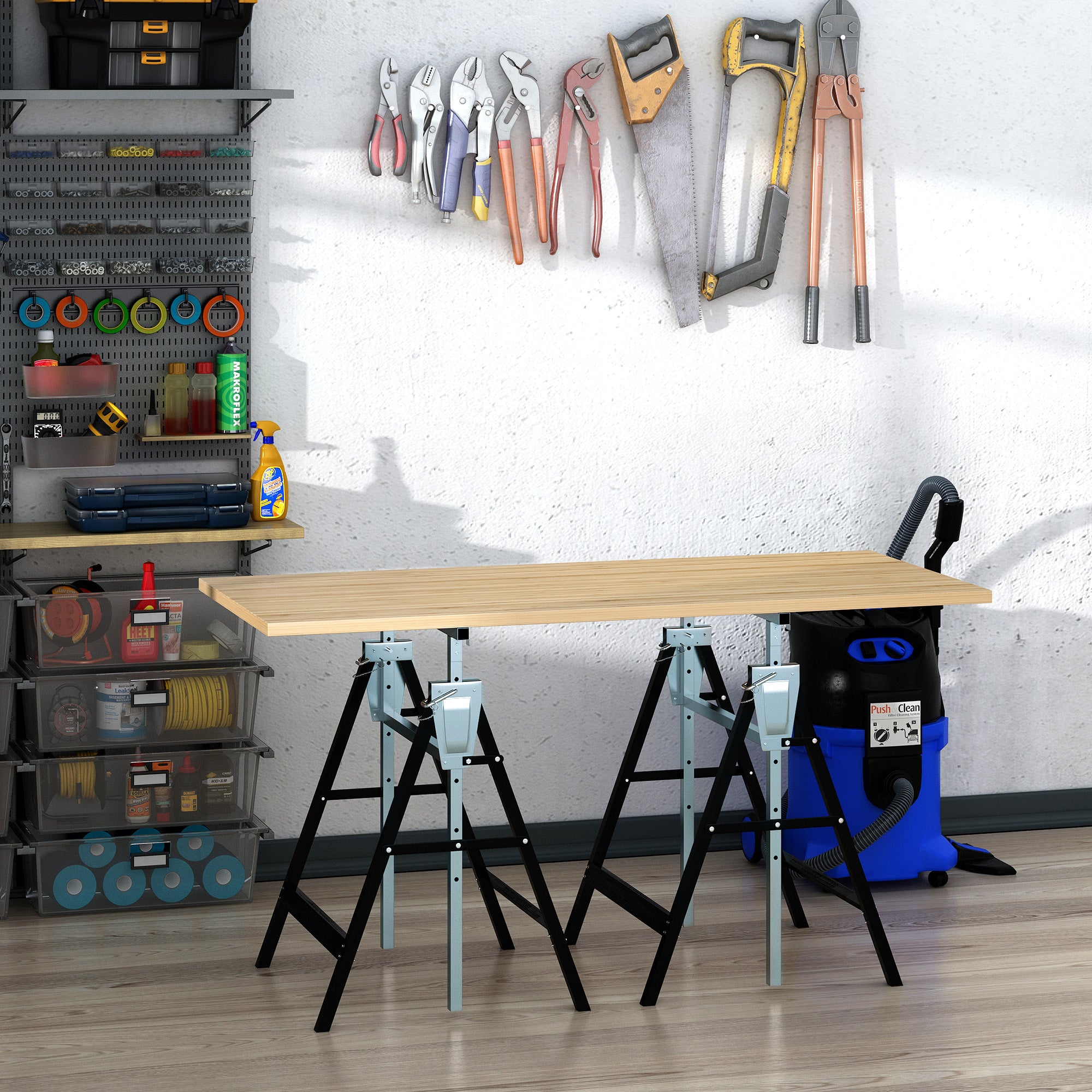 HOMCOM Set of 2 Adjustable Telescopic Builders Trestle DIY Steel Work Bench Carpenter Folding Saw Horse Tools Black - North Peak Garden Furniture