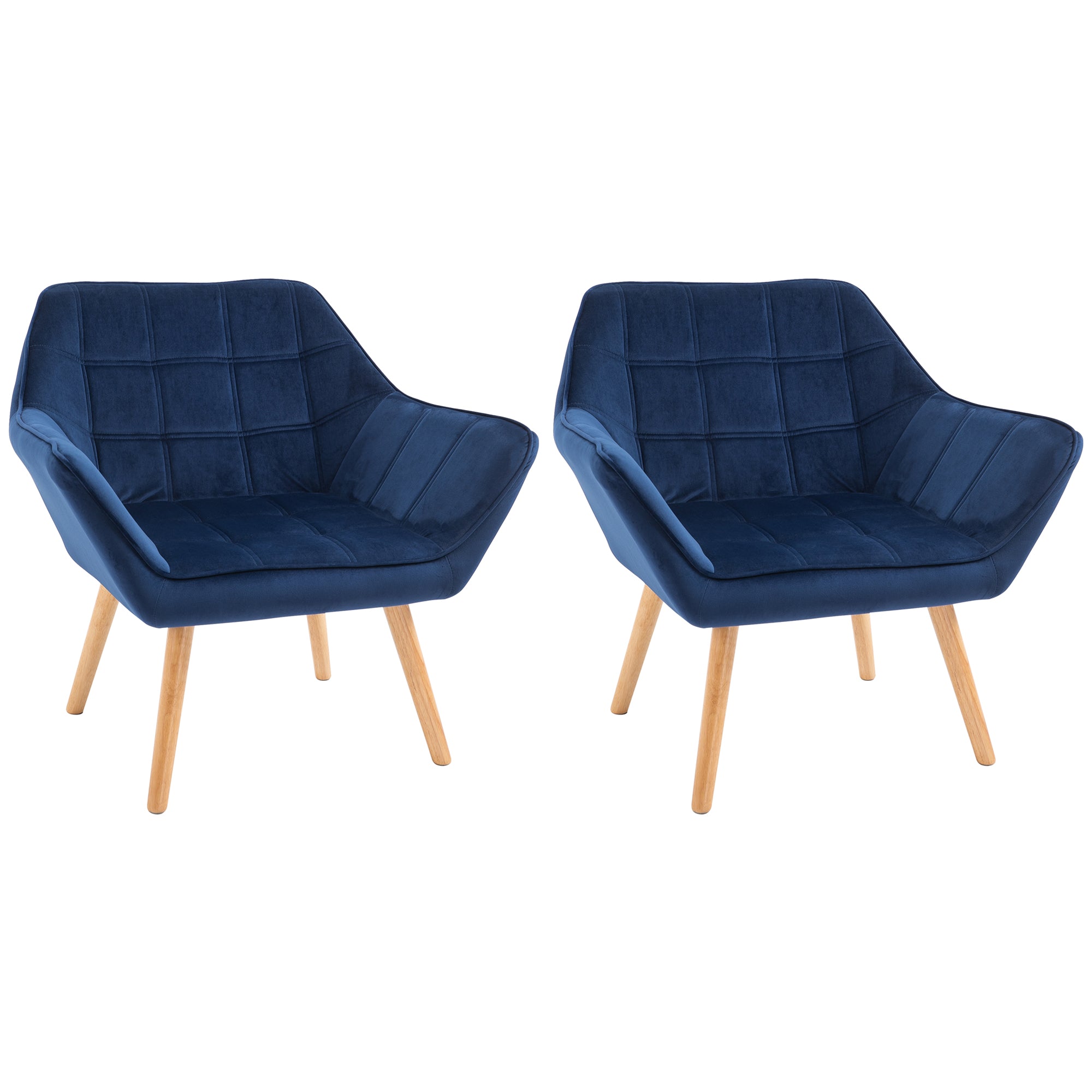 HOMCOM Armchair Accent Chair, Vanity Chair with Wide Arms, Slanted Back, Padding, Metal Frame, Wooden Legs, Home Bedroom Furniture Seating, Set of 2, Blue - North Peak Garden Furniture