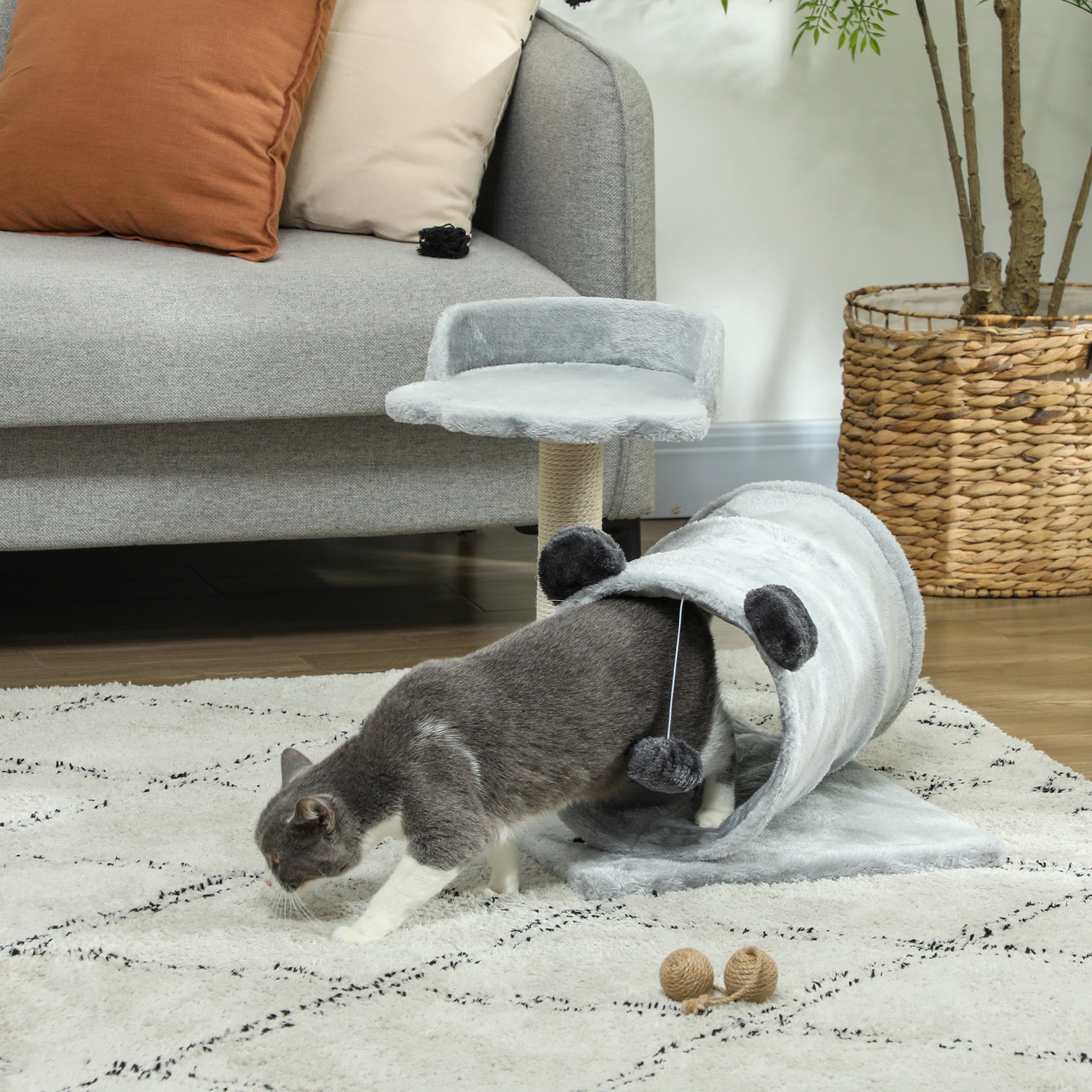 PawHut 47cm Small Cat Tree w/ Scratching Post, Bed, Cat Tunnel, Toy Ball, Grey - North Peak Garden Furniture