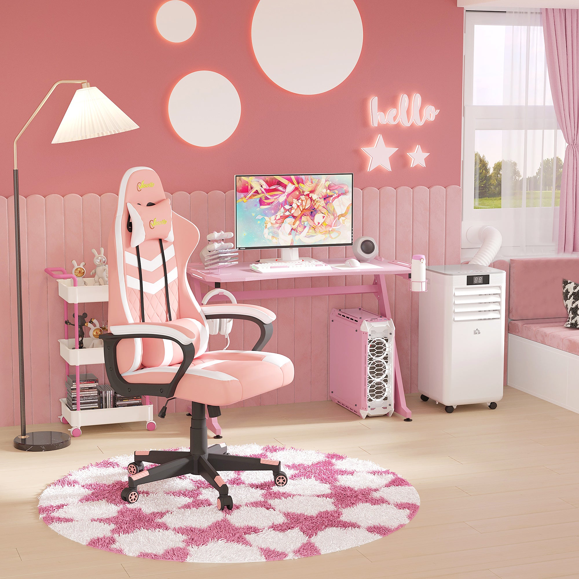 Vinsetto Gaming Chair, Computer Desk Chair with Lumbar Support, Faux Leather Racing Chair with Headrest and Swivel Wheels for Home Office, Pink - North Peak Garden Furniture