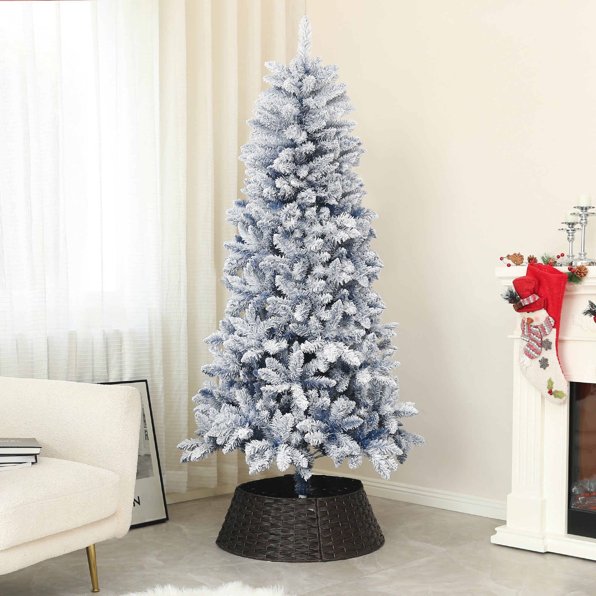 HOMCOM 6ft Flocked Artificial Christmas Tree with 700 Snow Frosted Tips, Metal Stand, Snowy Hinged Xmas Tree, Blue - North Peak Garden Furniture