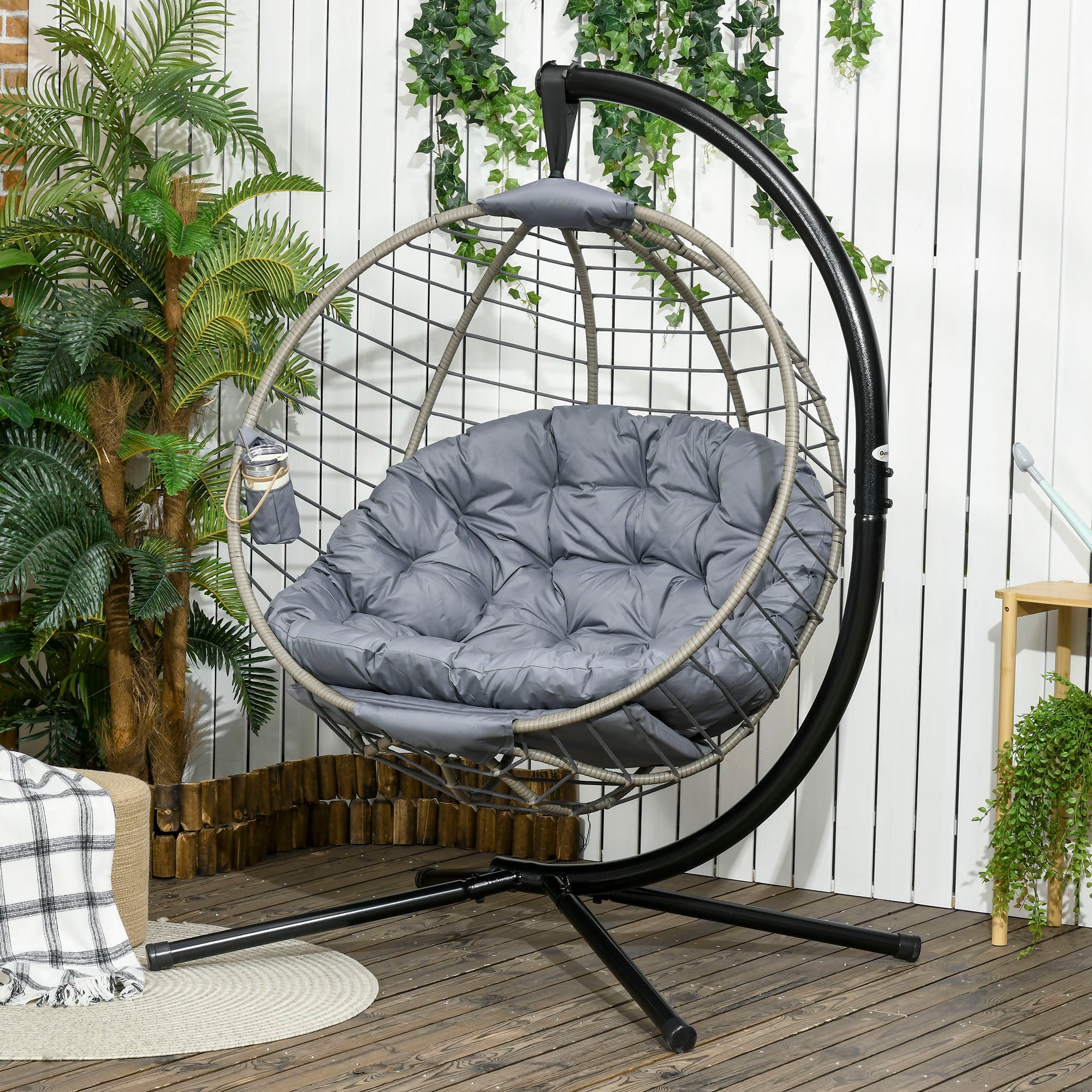 Outsunny PE Rattan Swing Chair, Outdoor Hanging Chair with Metal Stand, Thick Padded Cushion, Foldable Basket and Cup Holder, for Indoor and Outdoor, Grey - North Peak Garden Furniture