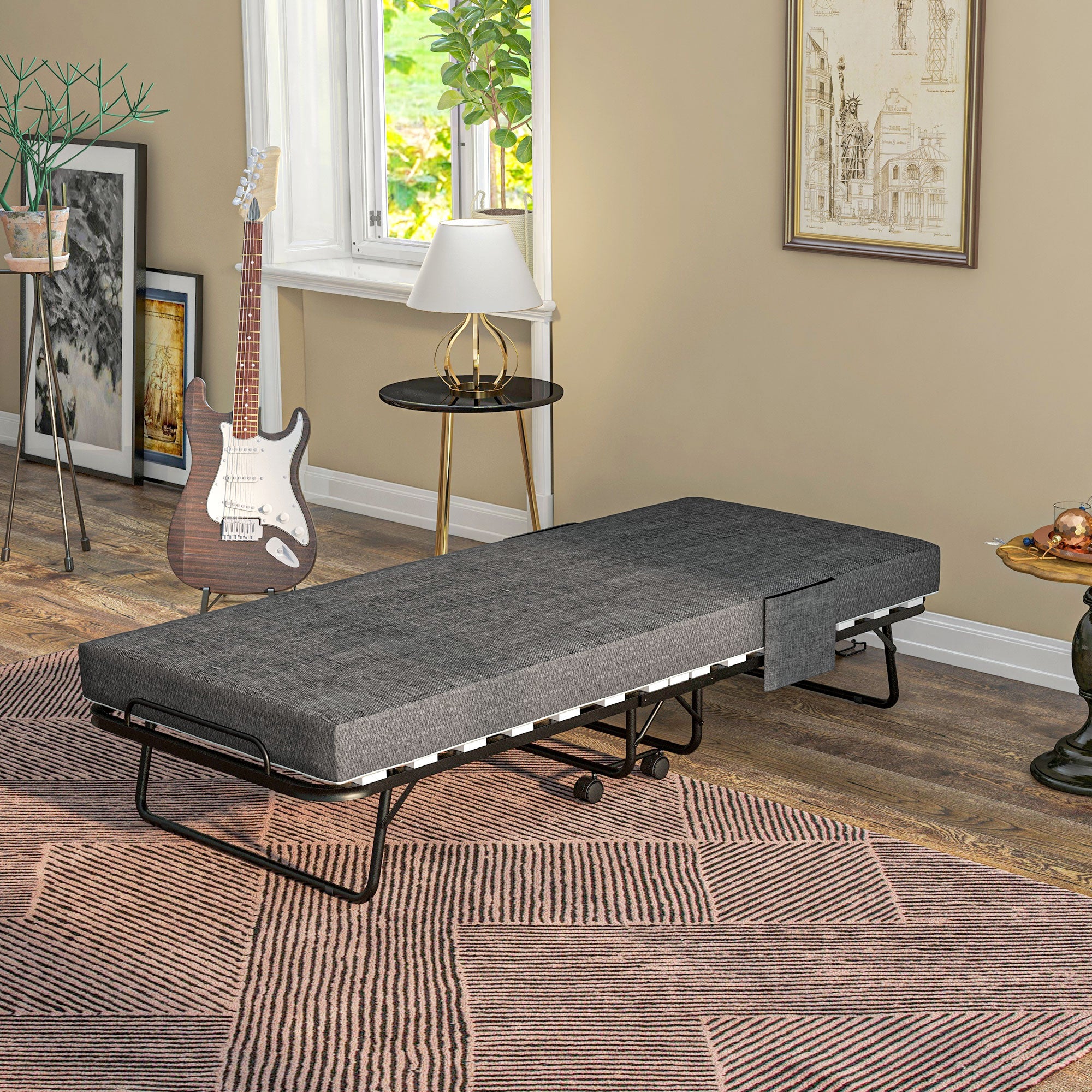 HOMCOM Single Steel Frame Folding Bed, with Wheels - Black/Grey - North Peak Garden Furniture