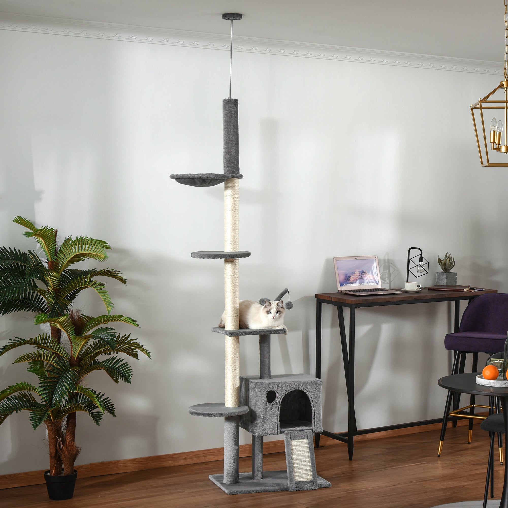 PawHut 270cm Floor To Ceiling Cat Tree Cat House Scratching Post for Indoor Cats Hammock Hanging Ball Activity Center Grey - North Peak Garden Furniture