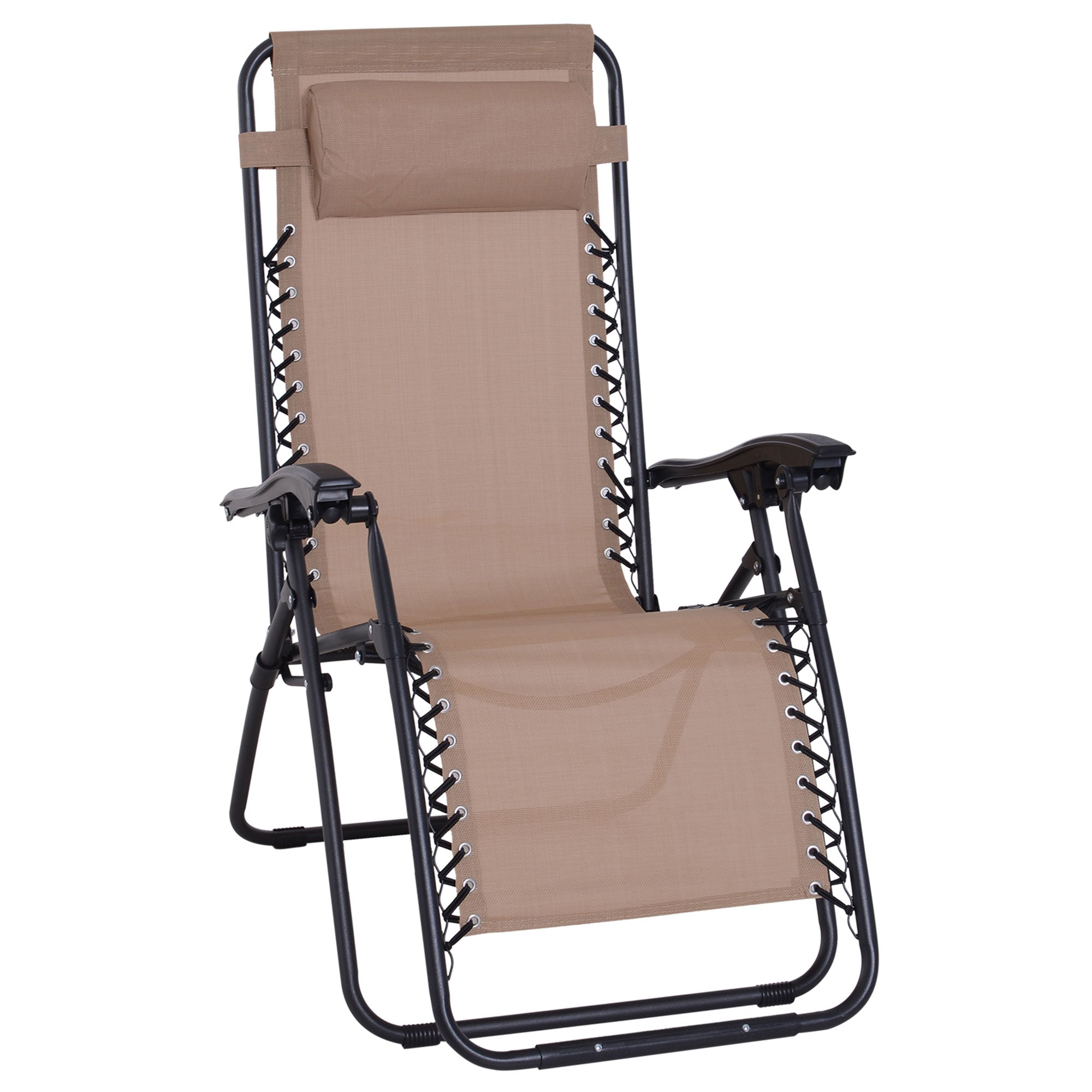 Outsunny Zero Gravity Chair Metal Frame Texteline Armchair Outdoor Folding and Reclining Sun Lounger with Head Pillow for Patio Decking Gardens Camping, Beige - North Peak Garden Furniture