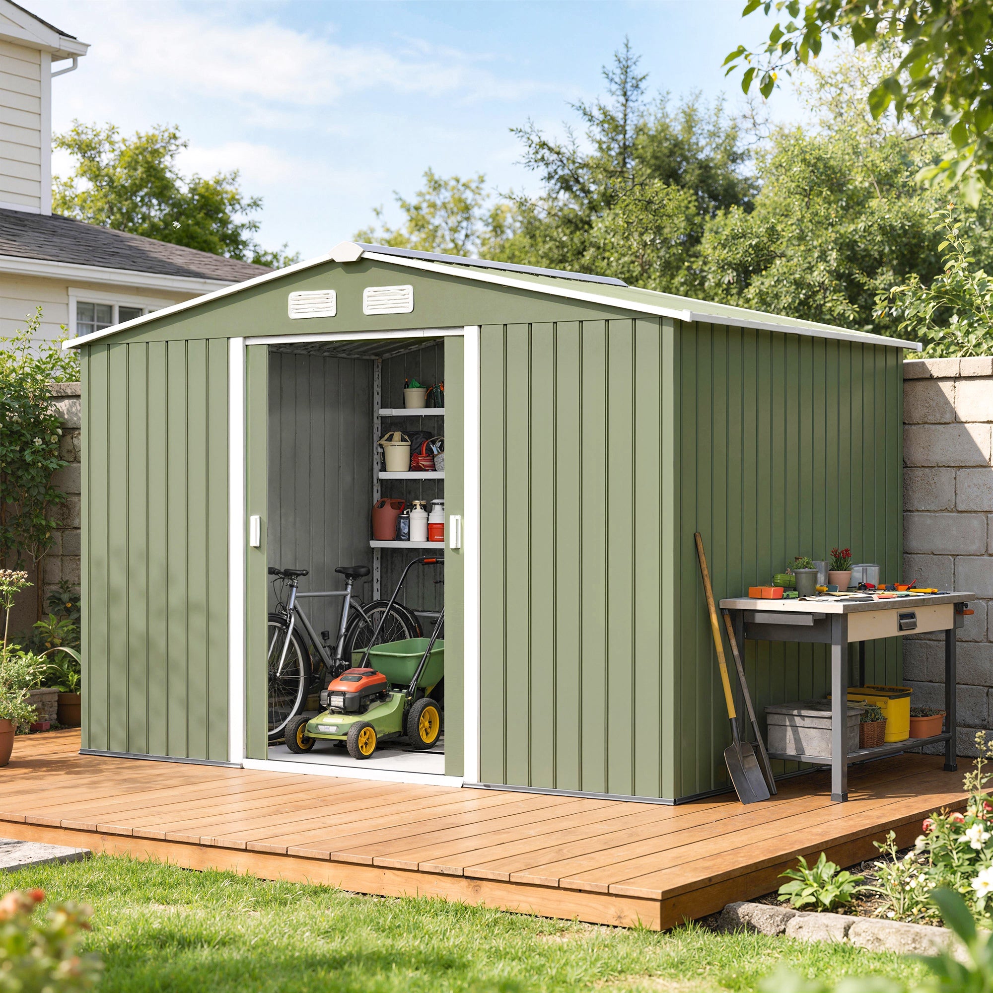 Outsunny 9 x 6ft Metal Garden Shed, Outdoor Storage Tool House with Ventilation Slots, Foundation Kit and Lockable Double Doors, Light Green
