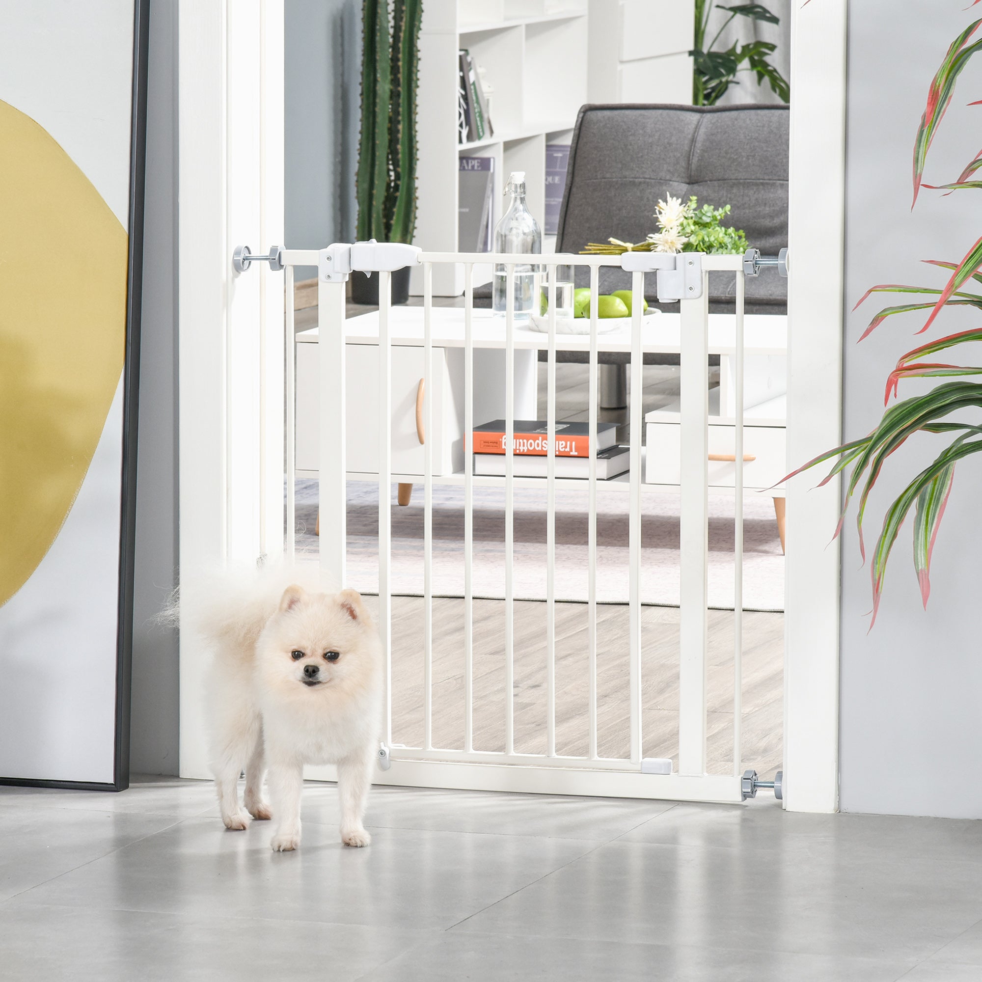 PawHut Pressure Fit Safety Gate, Adjustable Dog Gate, Pet Barrier for for Doorways, Staircases and Hallways with Auto Close, Double Locking, Opening 74-80cm, White - North Peak Garden Furniture