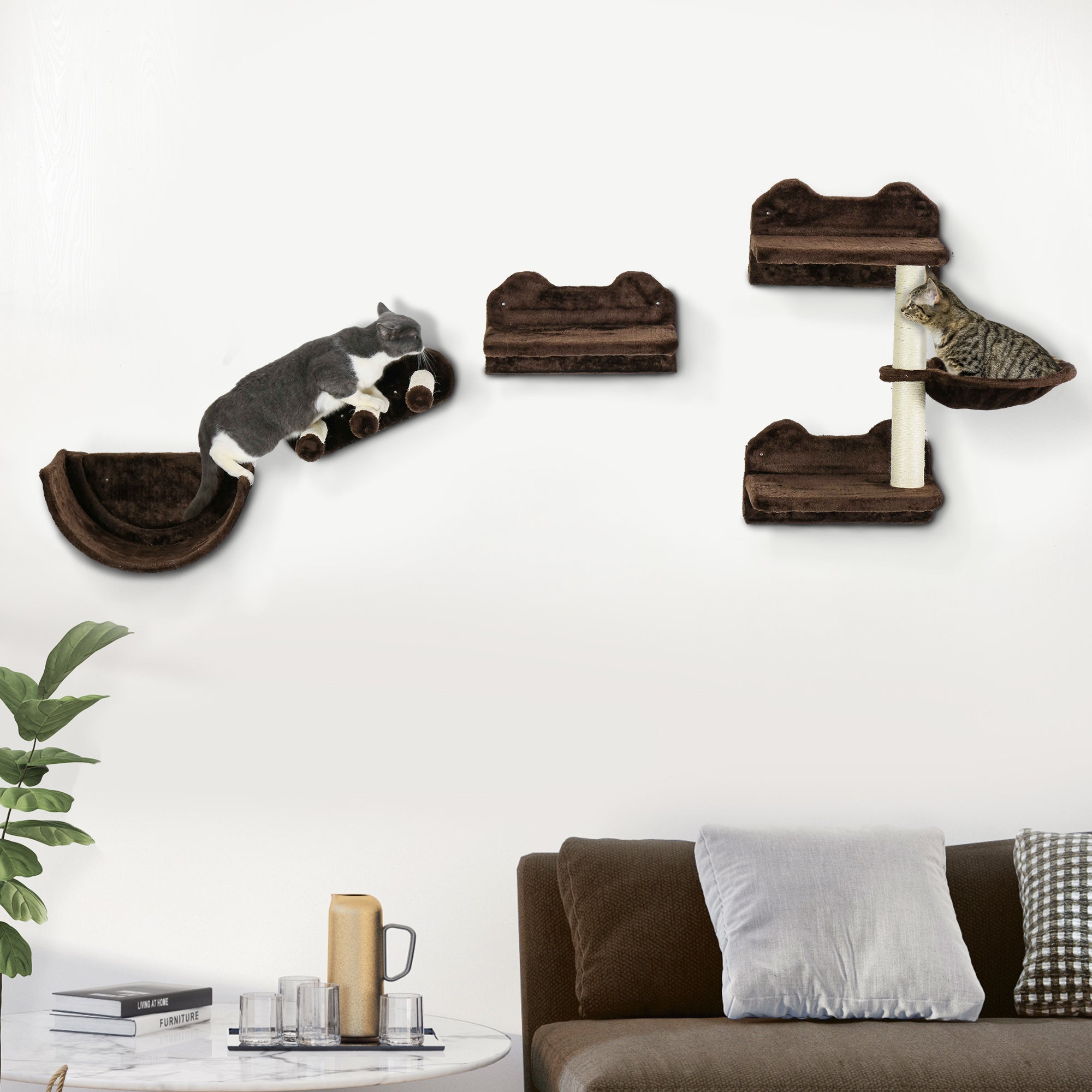 PawHut 4PCs Wall-Mounted Cat Shelves w/ Scratching Post, Hammock, Nest - Brown - North Peak Garden Furniture