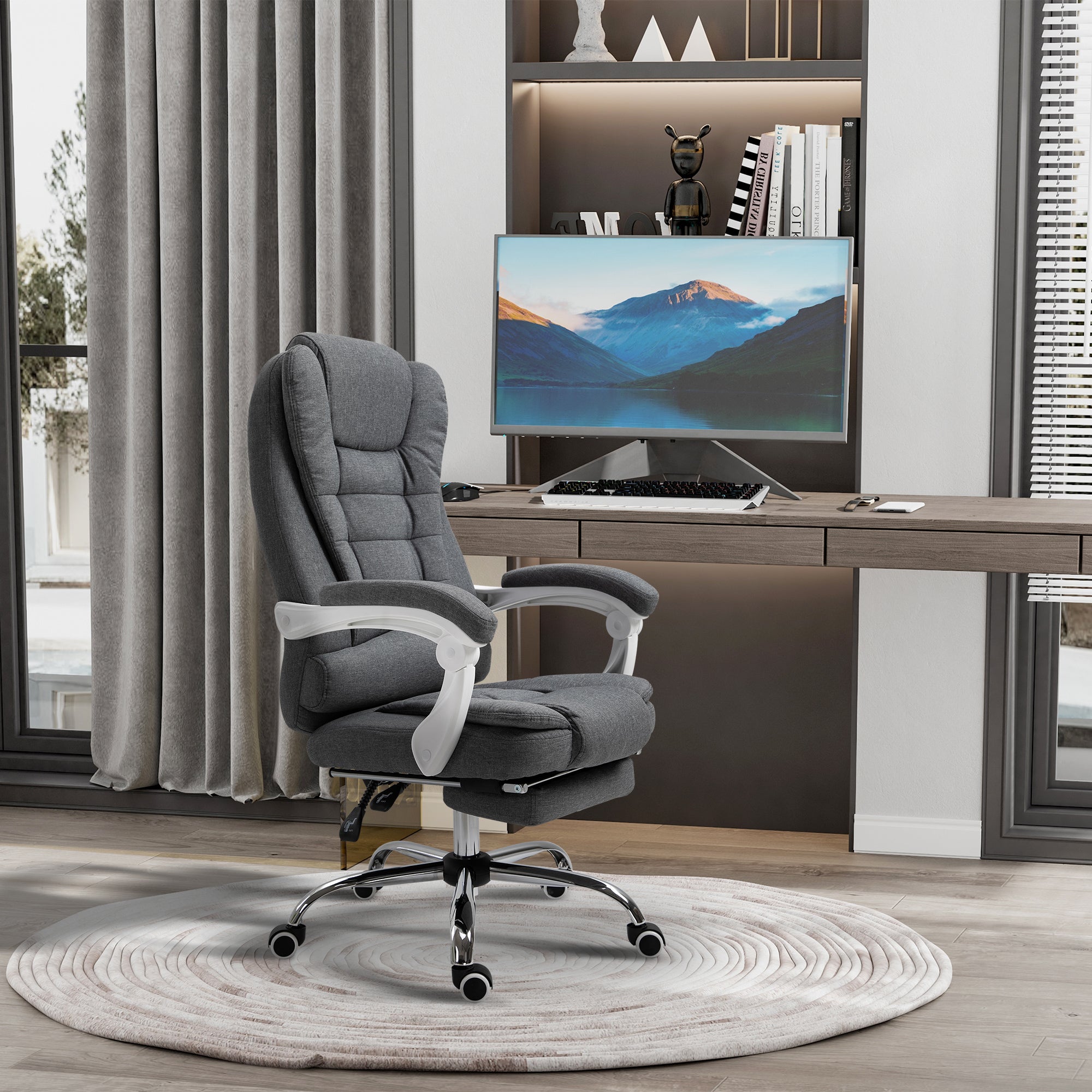 Vinsetto Office Chair, Computer Desk Chair, Linen Fabric Swivel Rolling Task Chair with Large Soft Padded Cushion, 135° Reclining Backrest and Retractable Footrest, Grey - North Peak Garden Furniture