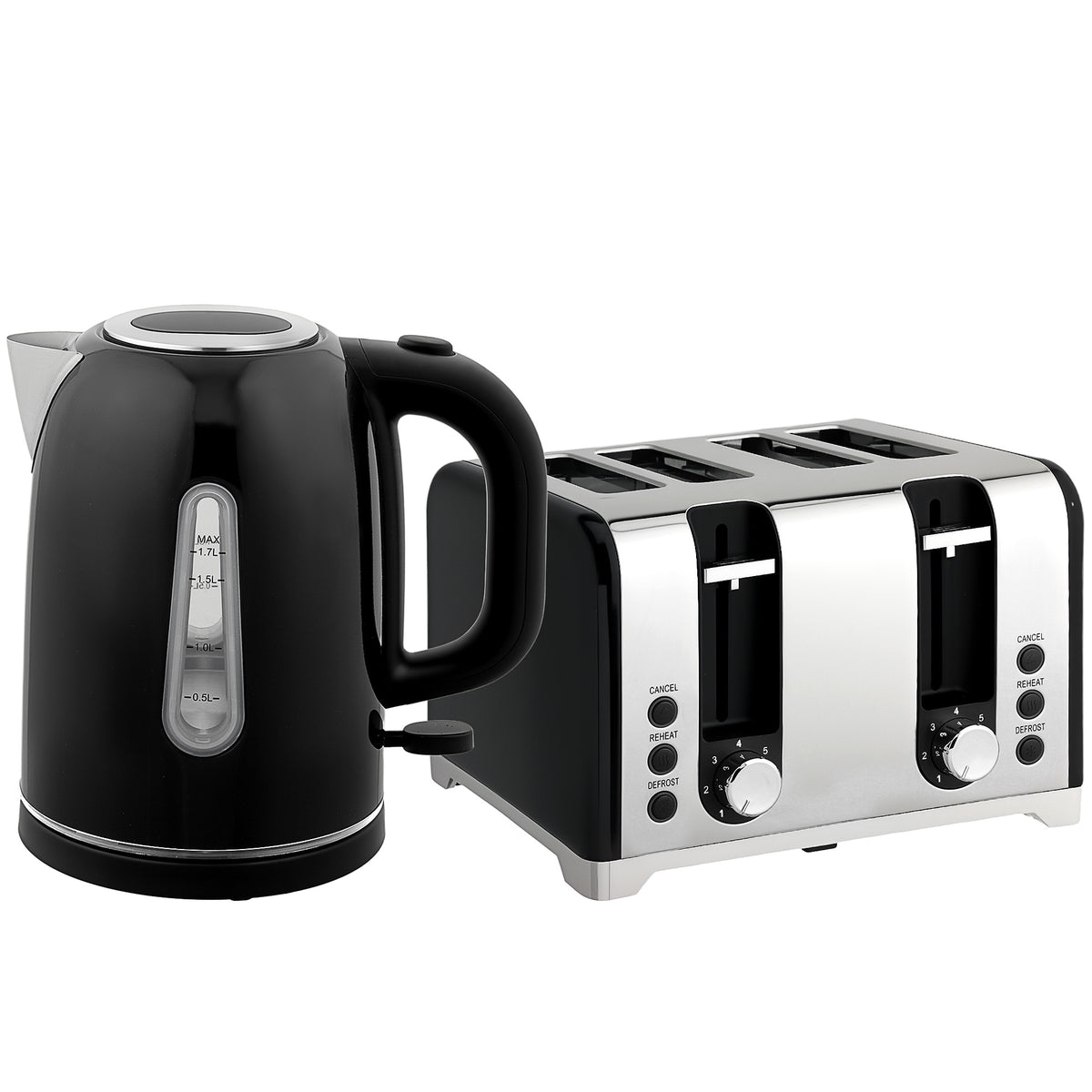 HOMCOM Kettle and Toaster Set, 1.7L 3000W Rapid Boil Jug Kettle with Strix Thermostat, Limescale Filter, 4 Slice Toaster with 7 Browning Controls, Crumb Tray, Black