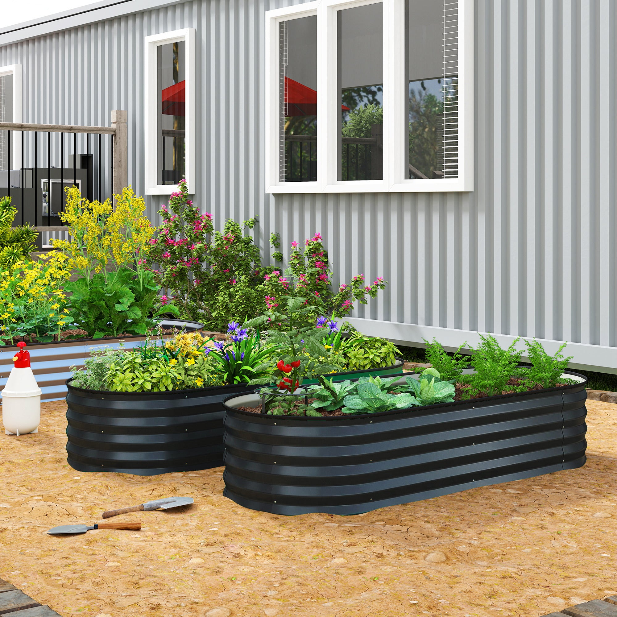 Outsunny Set of Two 150 x 60cm Steel Planters - Dark Grey