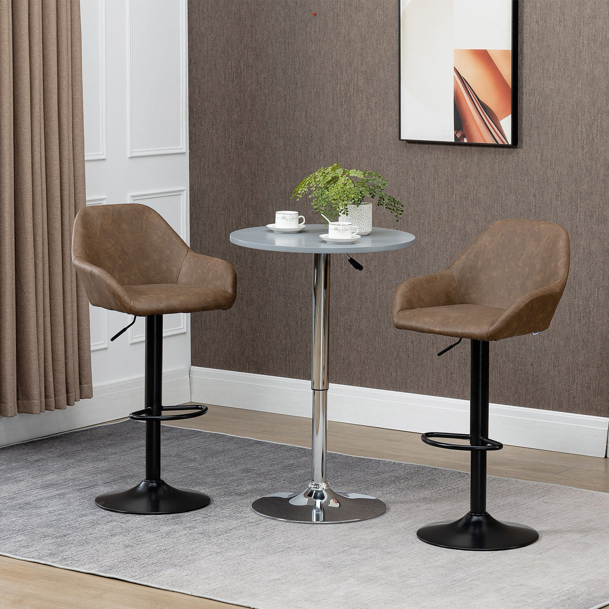 HOMCOM Adjustable Bar Stools Set of 2, Swivel Barstools with Footrest and Backrest, PU Leather and Steel Base, for Kitchen Counter and Dining Room, Dark Brown