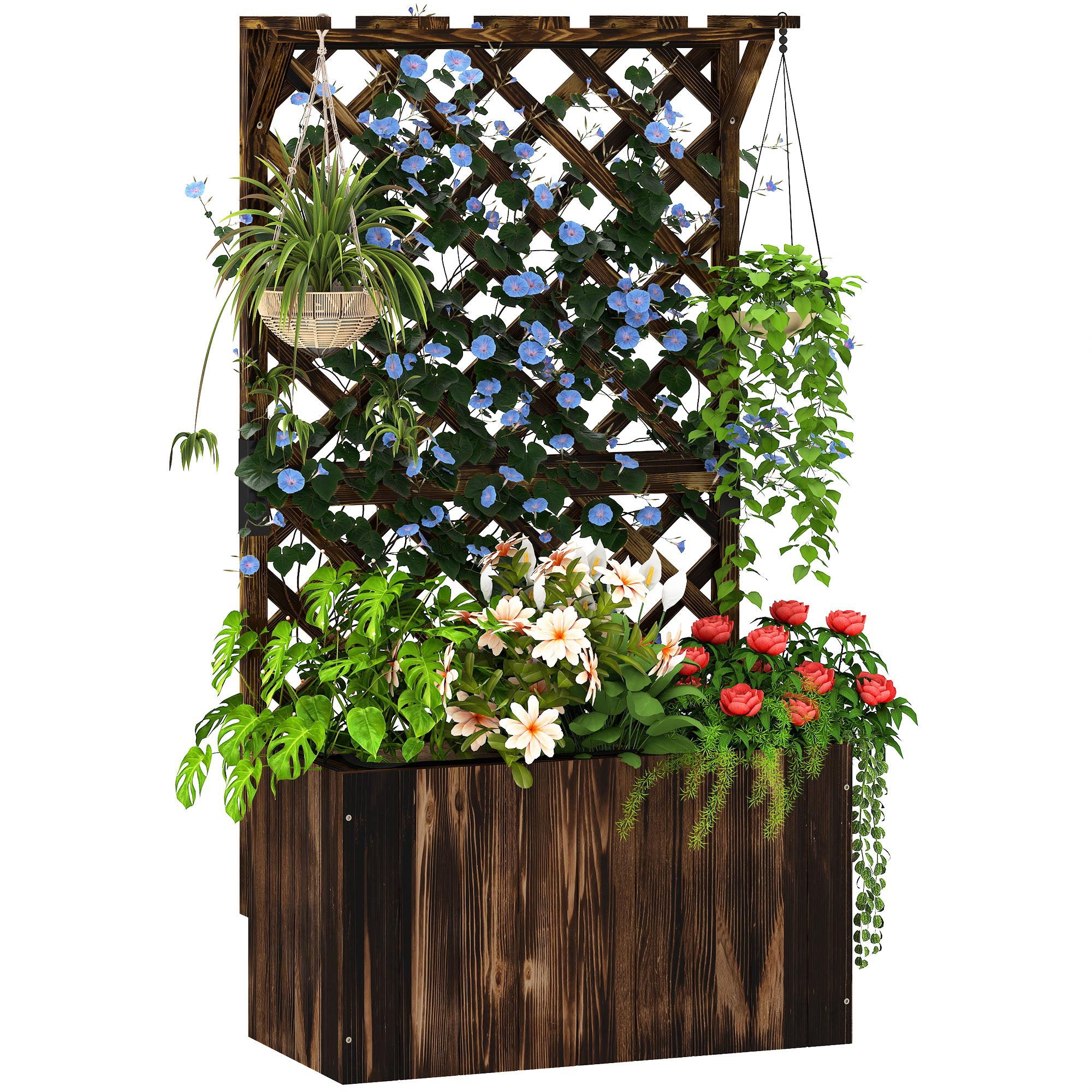 Outsunny Wooden Planter with Trellis, Freestanding Raised Garden Bed with Drainage Holes, Outdoor Planter Box with Liner for Vegetables, Herbs and Flowers, Carbonised - North Peak Garden Furniture