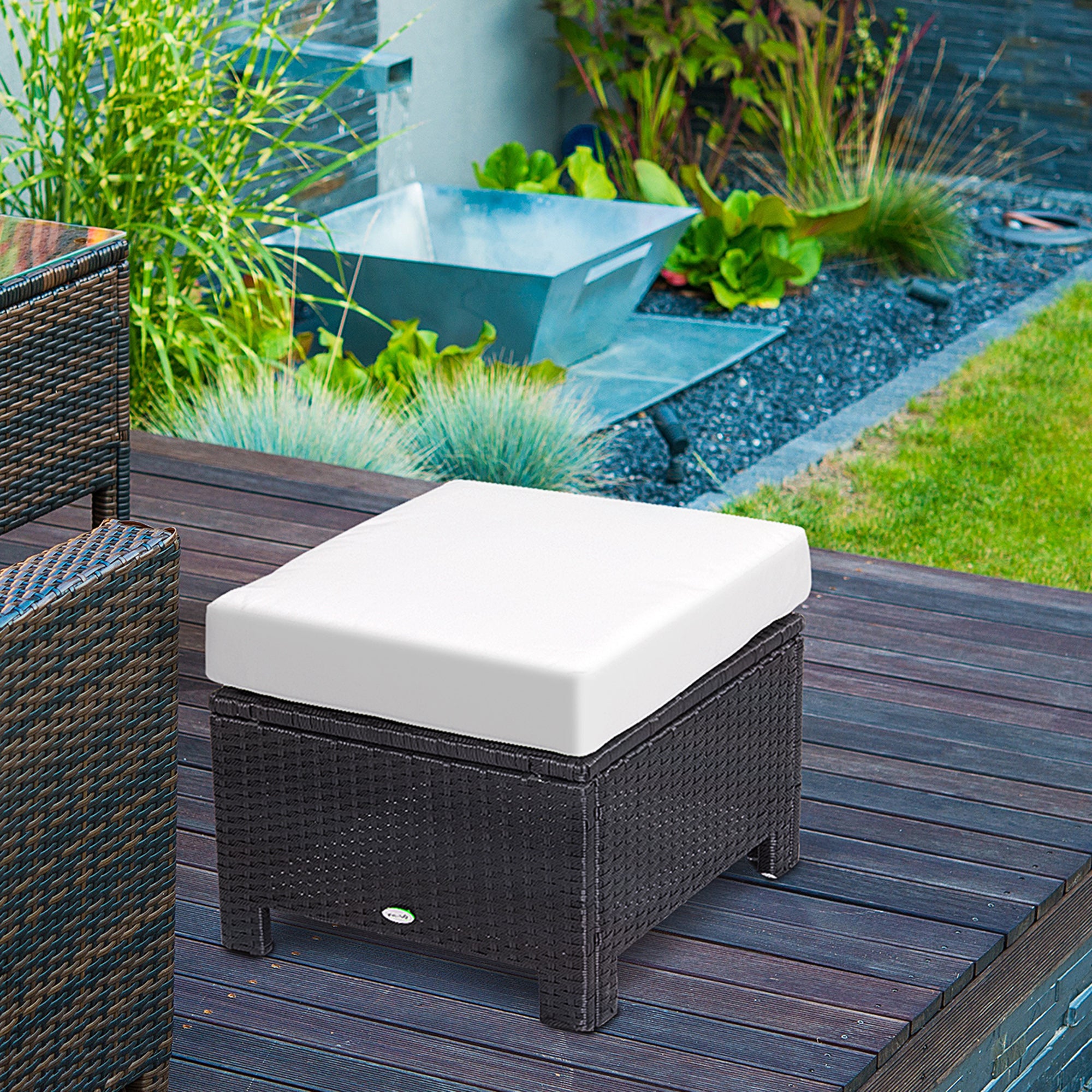Outsunny Rattan Footstool Wicker Ottoman with Padded Seat Cushion Outdoor Patio Furniture for Garden Poolside Living Room, 50 x 50 x 35 cm, Black - North Peak Garden Furniture