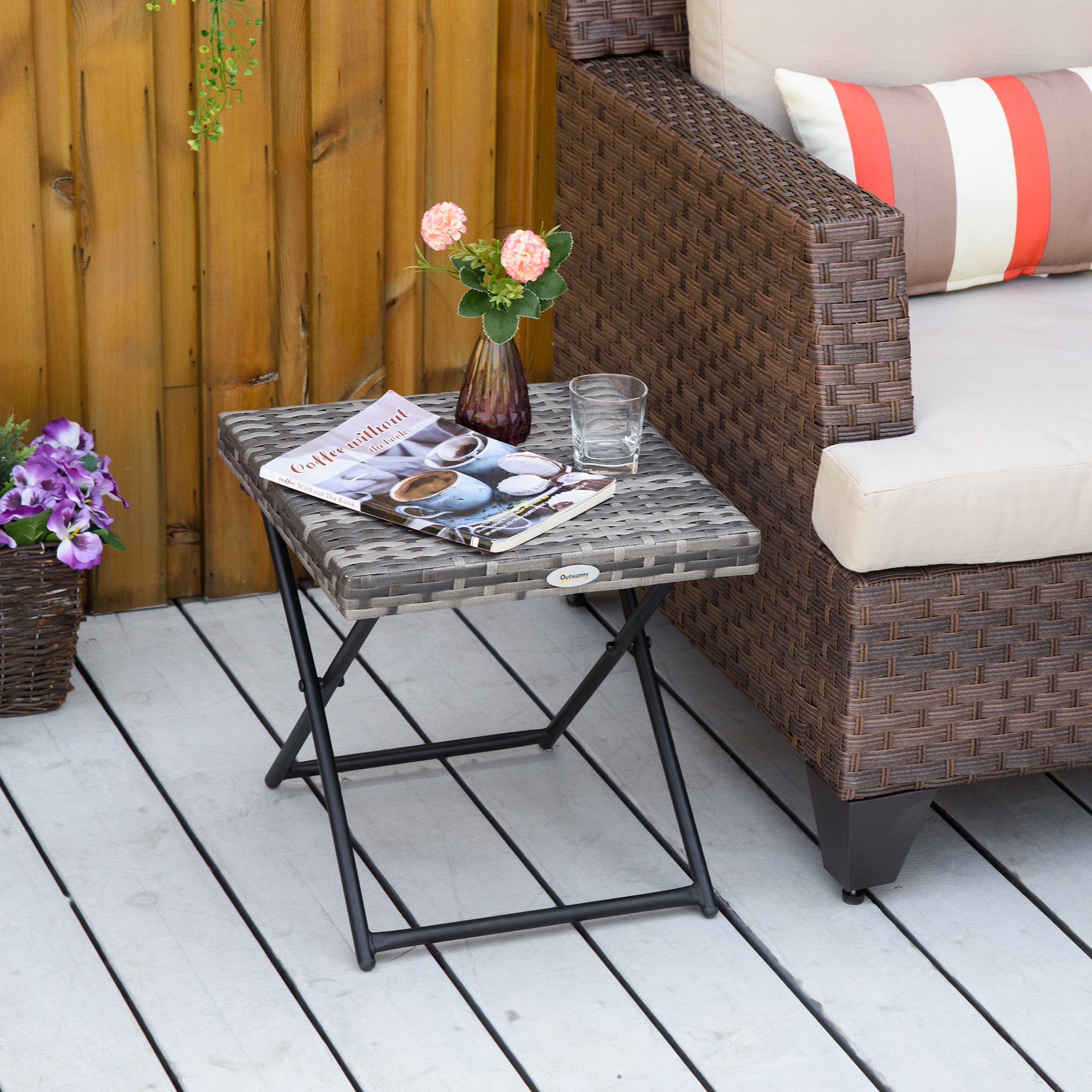 Outsunny Square PE Wicker Rattan Folding Table - Grey - North Peak Garden Furniture
