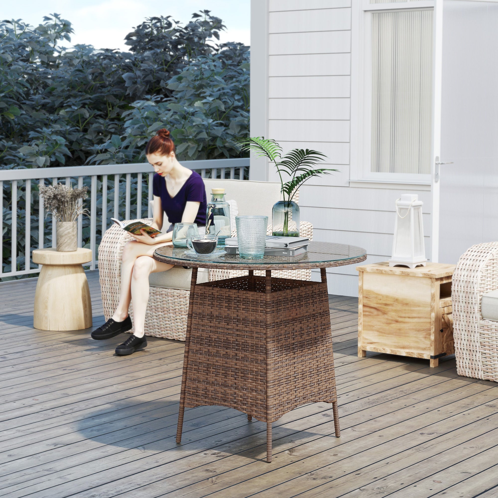 Outsunny Wicker Garden Rattan Table, Patio Furniture Outdoor Coffee Table with Umbrella Hole and Tempered Glass Top, Brown - North Peak Garden Furniture