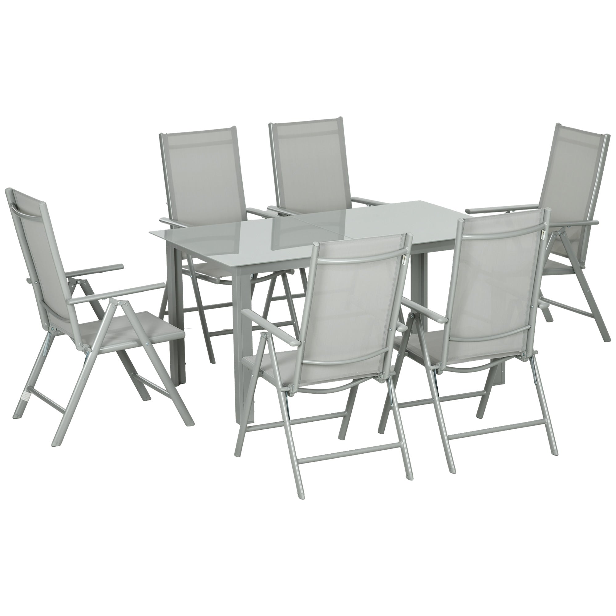 Outsunny 7 Piece Garden Dining Set, Outdoor Table and 6 Folding and Reclining Chairs, Aluminium Frame, Tempered Glass Top Table, Texteline Seats, Grey - North Peak Garden Furniture