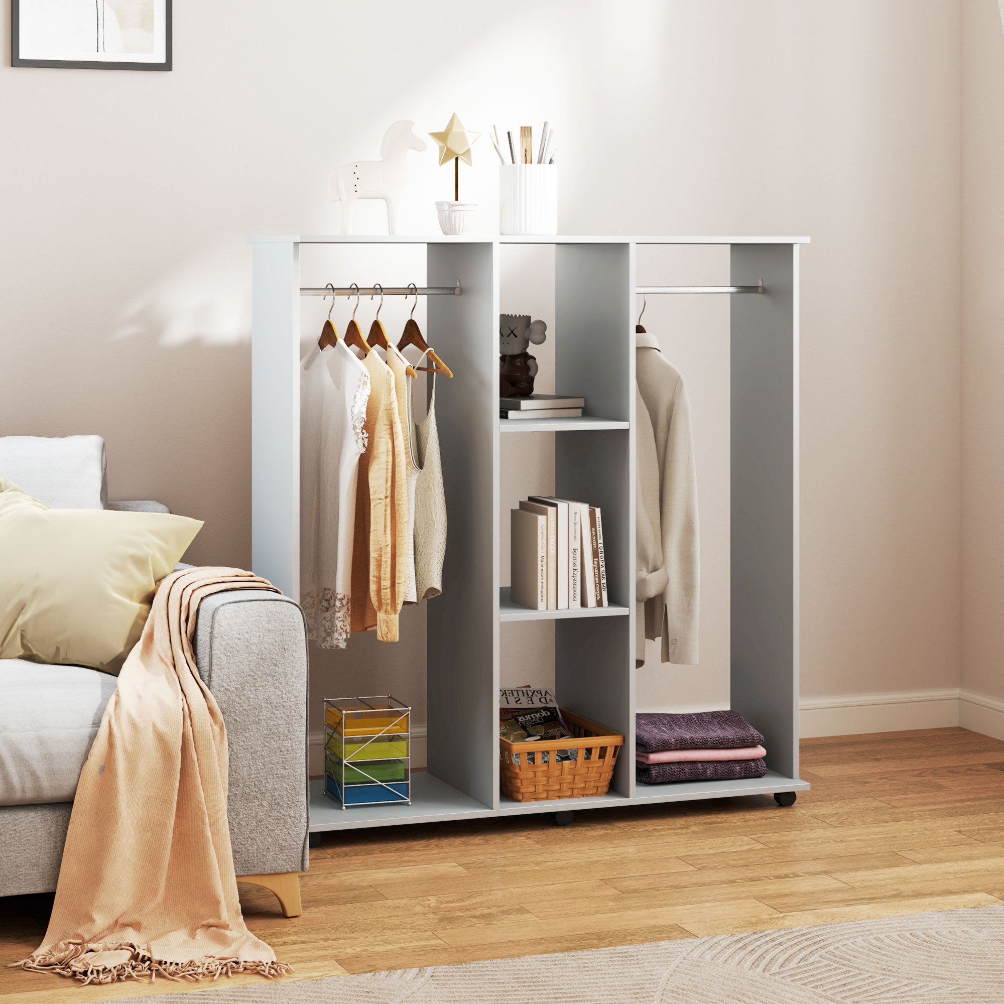 HOMCOM Double Open Wardrobe on Wheels, Bedroom Wardrobe with Clothes Hanging Rails, 3 Storage Shelves, Mobile Garment Rack for Cloakroom, Hallway, Grey - North Peak Garden Furniture