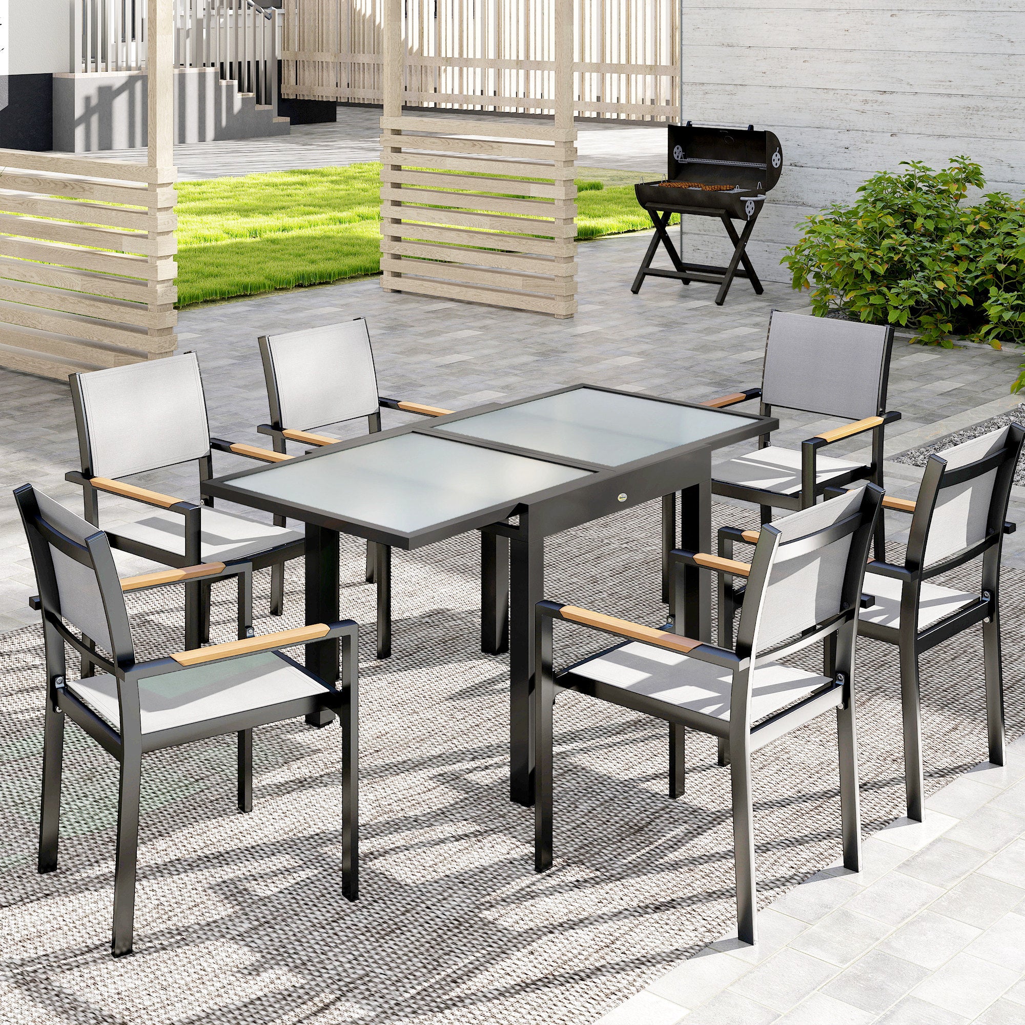 Outsunny Extending Garden Table, Outdoor Dining Table with Aluminium Frame and Tempered Glass Tabletop, 80/160 x 80 x 75 cm, Black and Clear