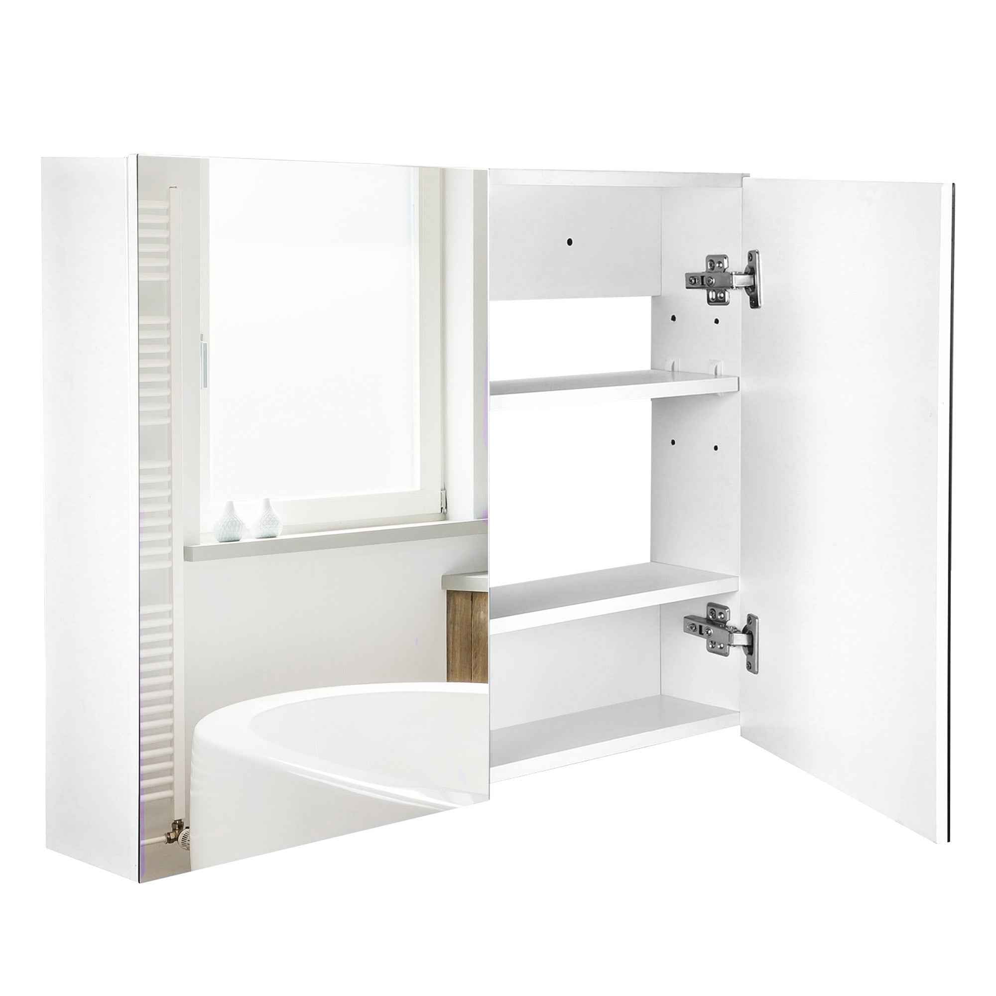 HOMCOM Double Door Wall Mounted Glass Mirror Cabinet Modern Storage Unit Bathroom Shelf Organiser Waterproof Wooden Frame 80Wx15Dx60H(cm)
