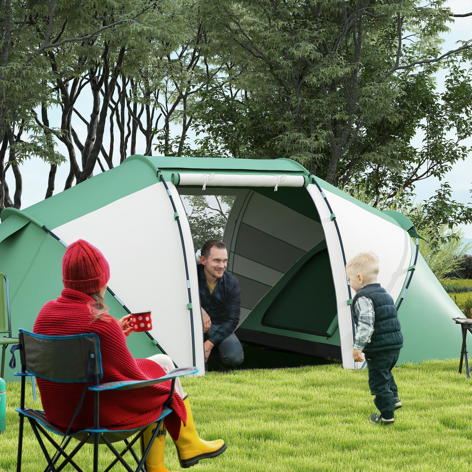 Outsunny 4-6 Man UV Protection Camping Tent - Green and White - North Peak Garden Furniture
