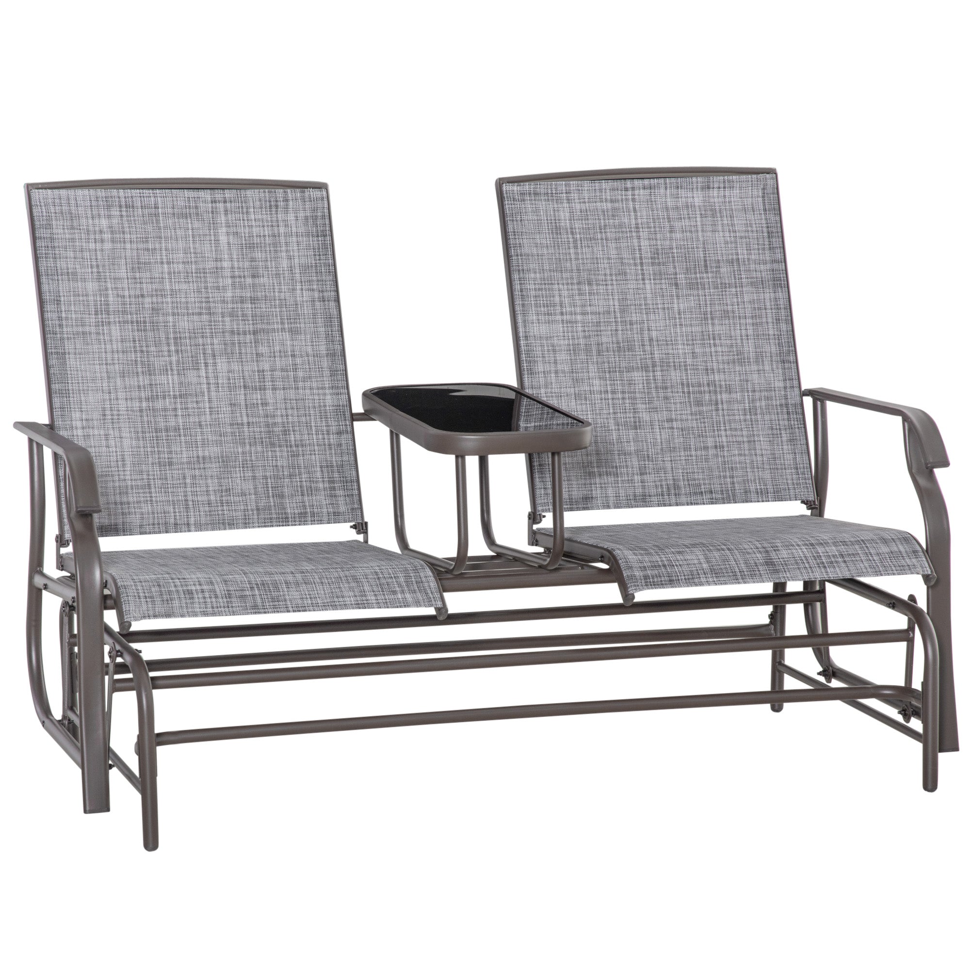 Outsunny 2 Seats Garden Glider Bench, Metal Frame Loveseat with Glass Top Centre Table, Porch Rocking Glider for 2 Person, for Deck, Patio, Brown/ Grey - North Peak Garden Furniture