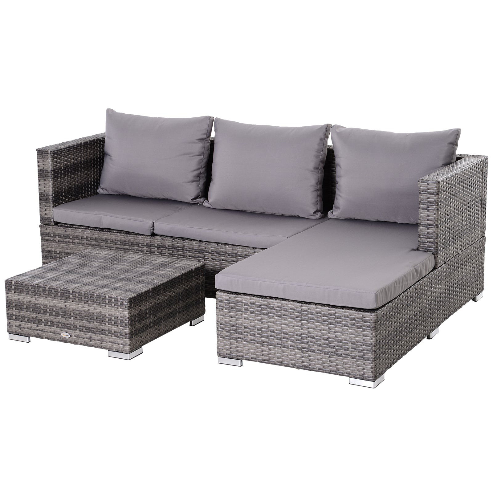 Outsunny 3PC Rattan Garden Furniture Storage Sofa Set 4 Seater Wicker Coffee Table Conservatory Sun Lounger Reclining Set Outdoor Weave with Cushion Grey - North Peak Garden Furniture