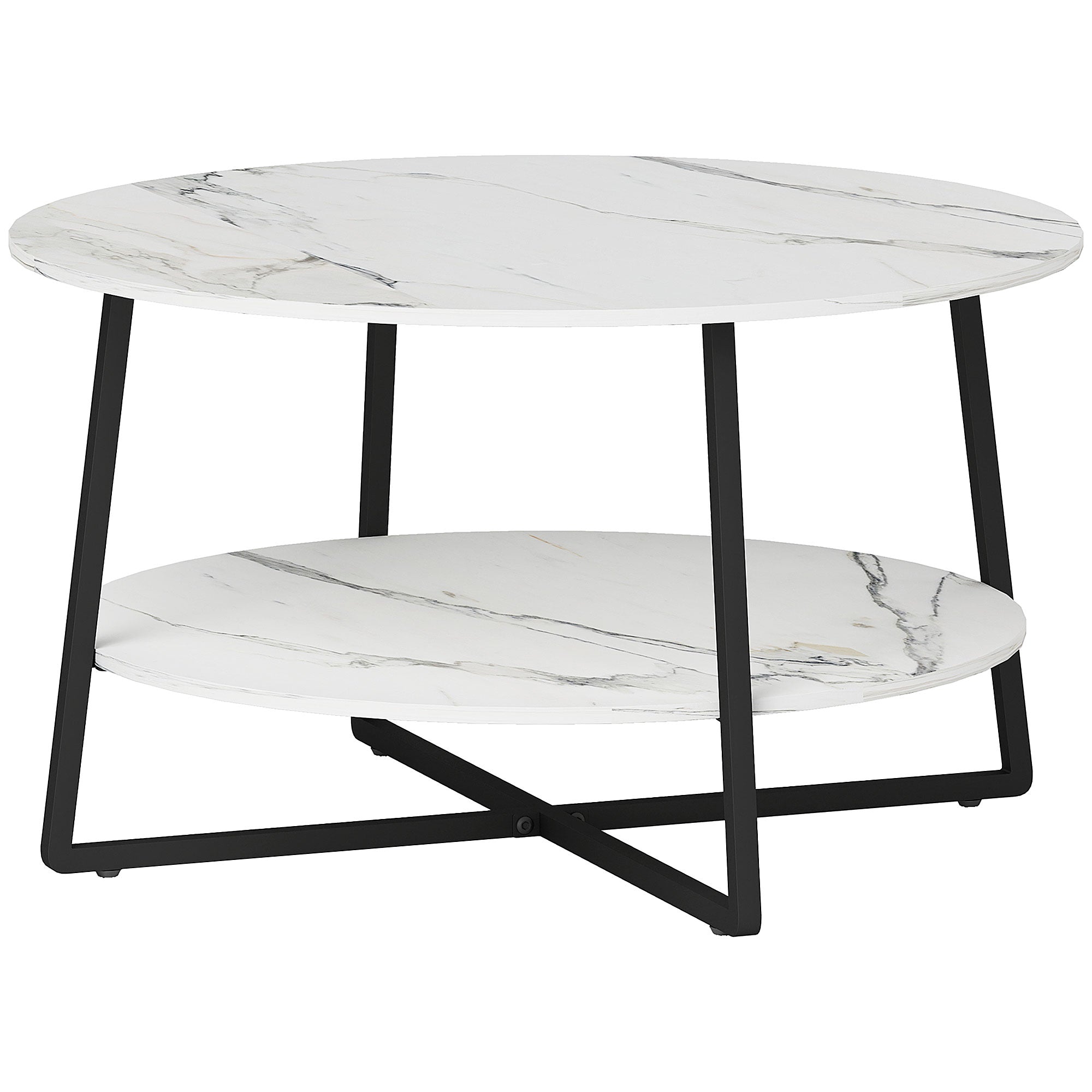 HOMCOM 2-Tier Round Coffee Table with Storage Shelf, Living Room Table with Marble Effect Top and Steel Frame, White
