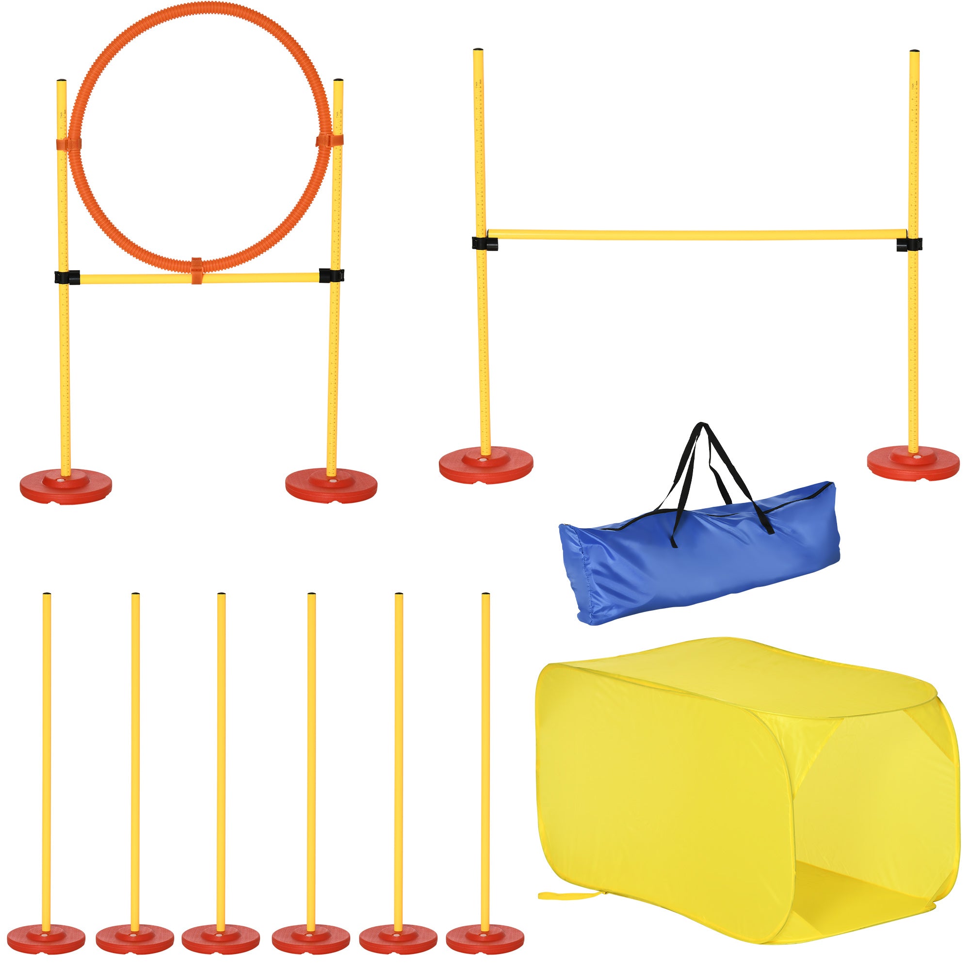 Pawhut Dog Agility Equipment Portable Pet Training Obstacle Set for Dogs 5 Pieces w/ Adjustable High Jumping Pole, Jumping Ring, Weave Poles, Tunnel - North Peak Garden Furniture