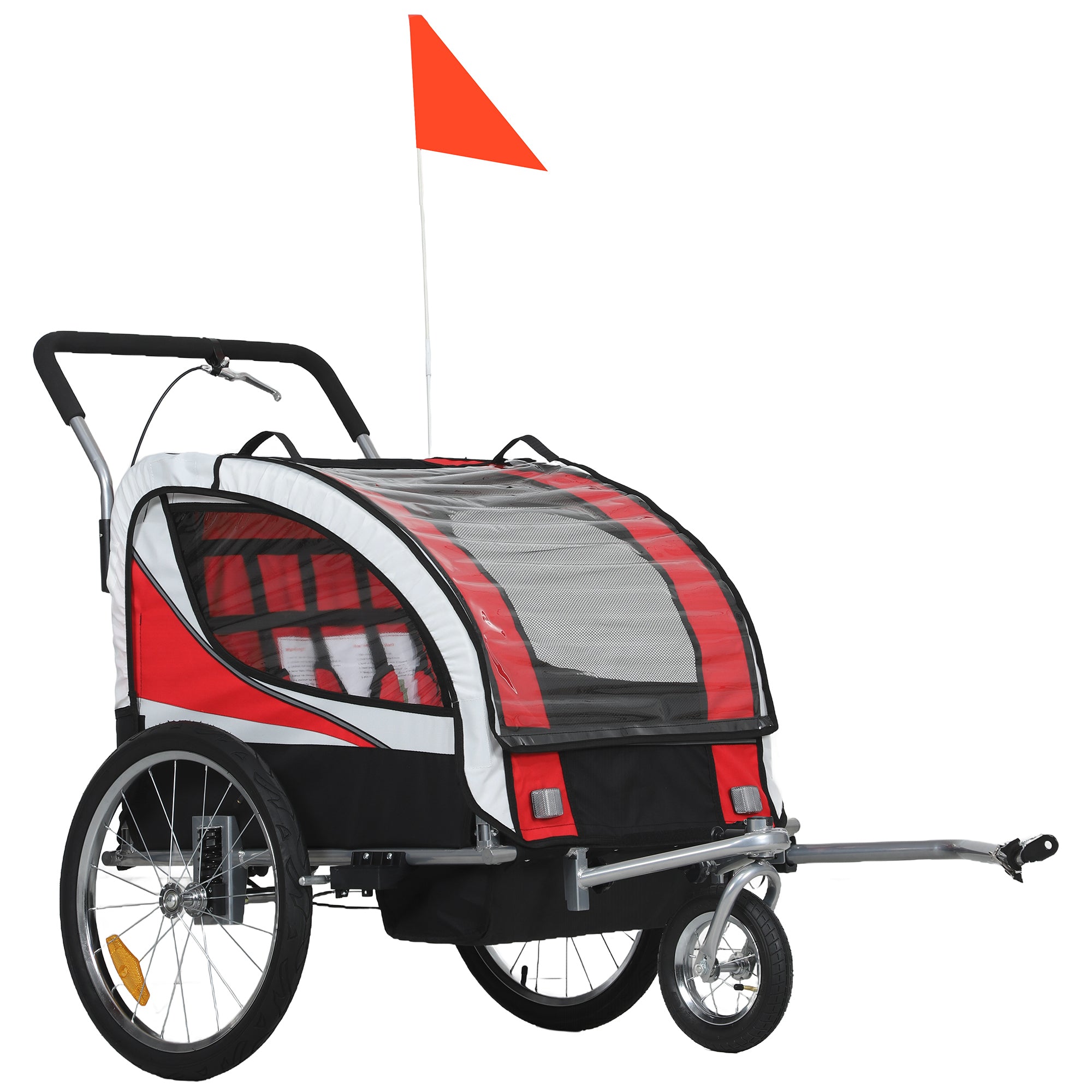HOMCOM Baby Bike Trailer, Child Bicycle Trailer with 5 Point Harness, Steel Frame, Reflectors, Safety Flag, Hitch Coupler, Red - North Peak Garden Furniture