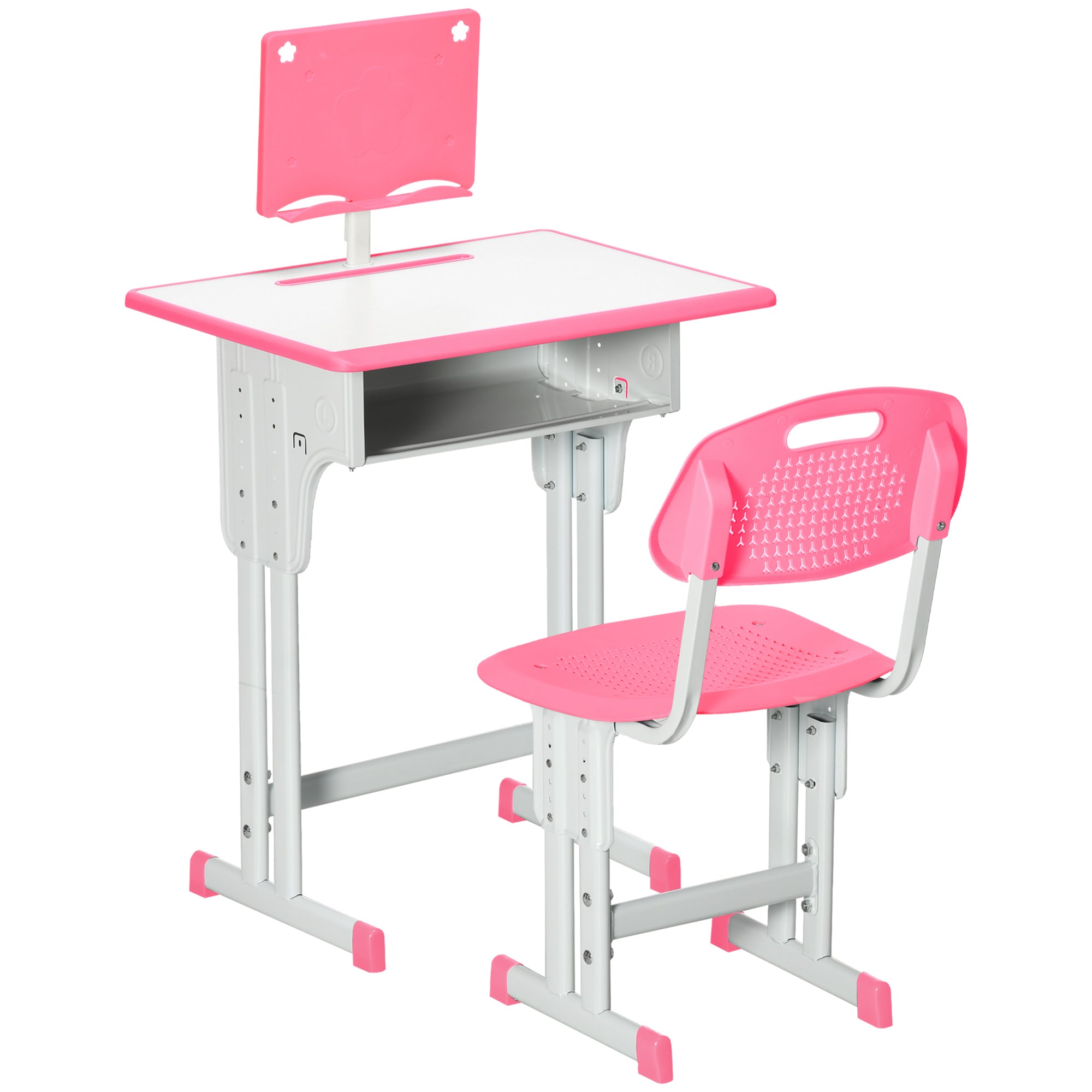 HOMCOM Kids Adjustable Desk and Chair Set, Book Stand, Pen Slot - Pink - North Peak Garden Furniture