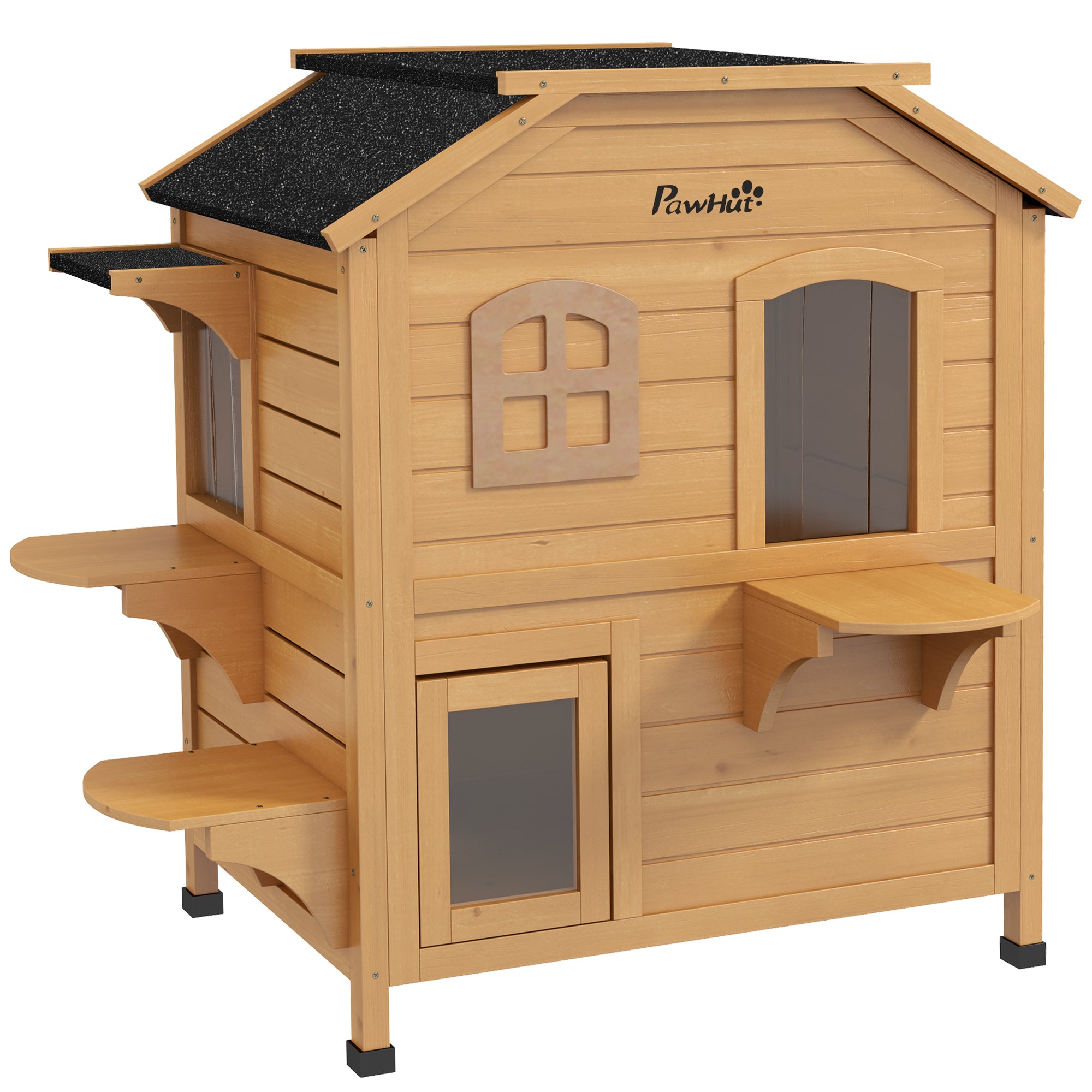 PawHut 2-story Cat House Outdoor, Weatherproof Wooden Cat Enclosure for Feral Cats with Escape Door, Openable Roof, Jumping Platforms, Natural Wood Finish