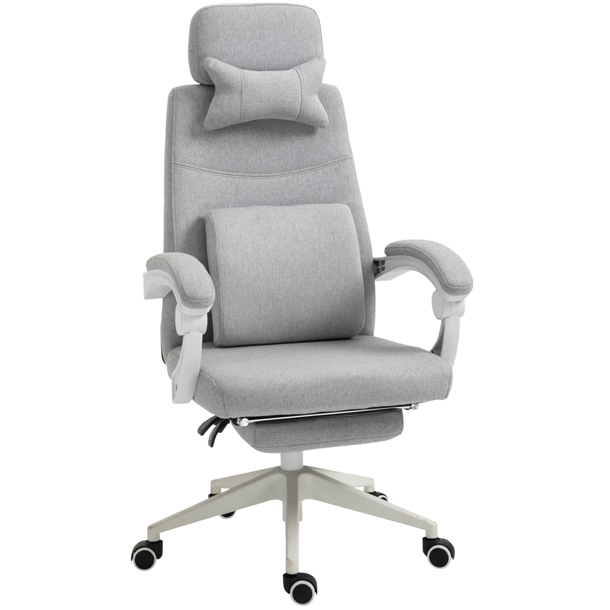 Vinsetto Office Chair, Ergonomic Desk Chair, High Back Fabric Work Chair with 160° Reclining Backrest, Retractable Footrest, Neck and Lumbar Pillow for Home and Study, Grey - North Peak Garden Furniture