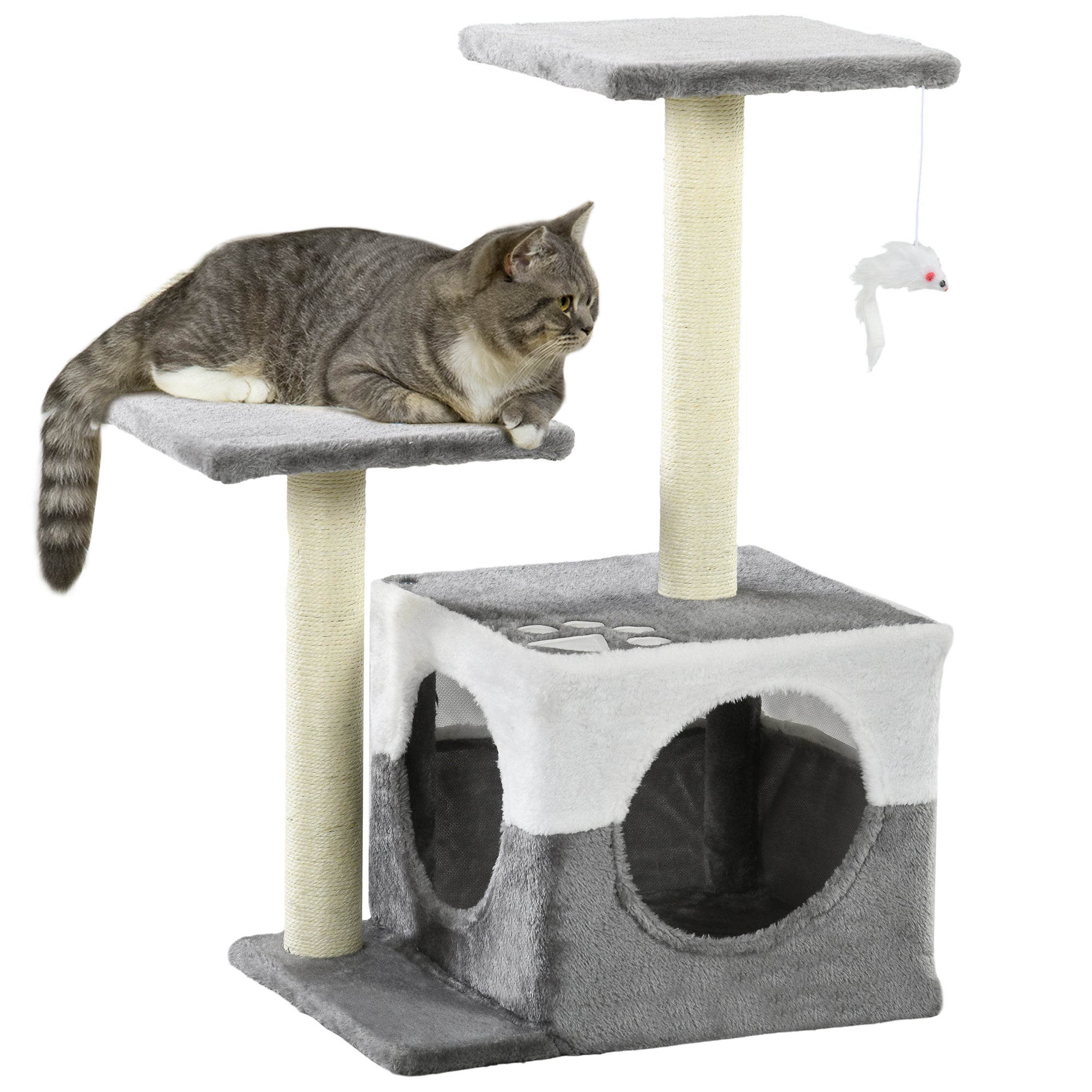PawHut Cat Tree w/ Sisal Scratching Posts, House, Perches, Toy Mouse, Grey - North Peak Garden Furniture