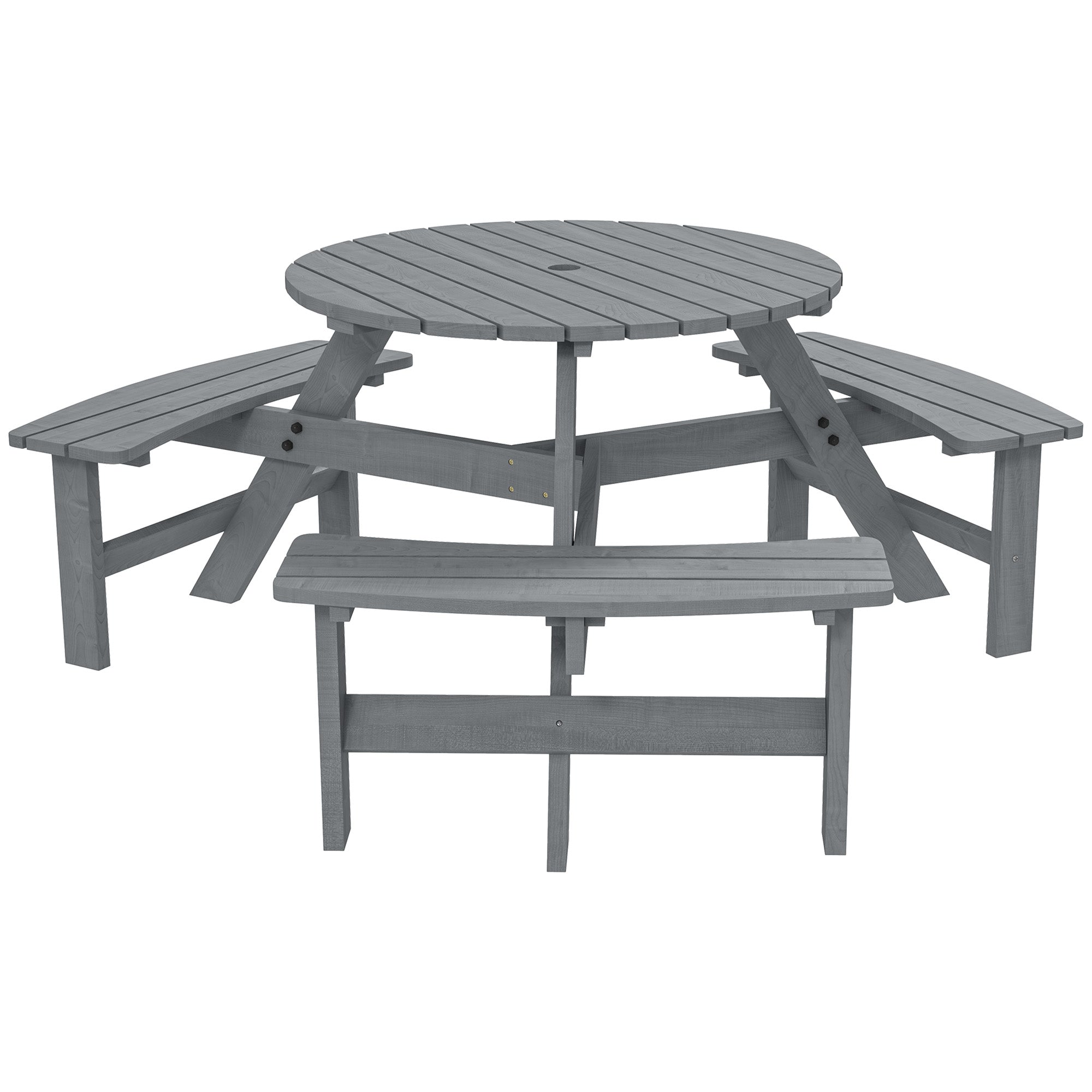 Outsunny 6 Seater Wooden Picnic Table and Garden Benches Set, Round Garden Dining Set with 3 Benches and Umbrella Hole Outdoor Garden Park, Grey
