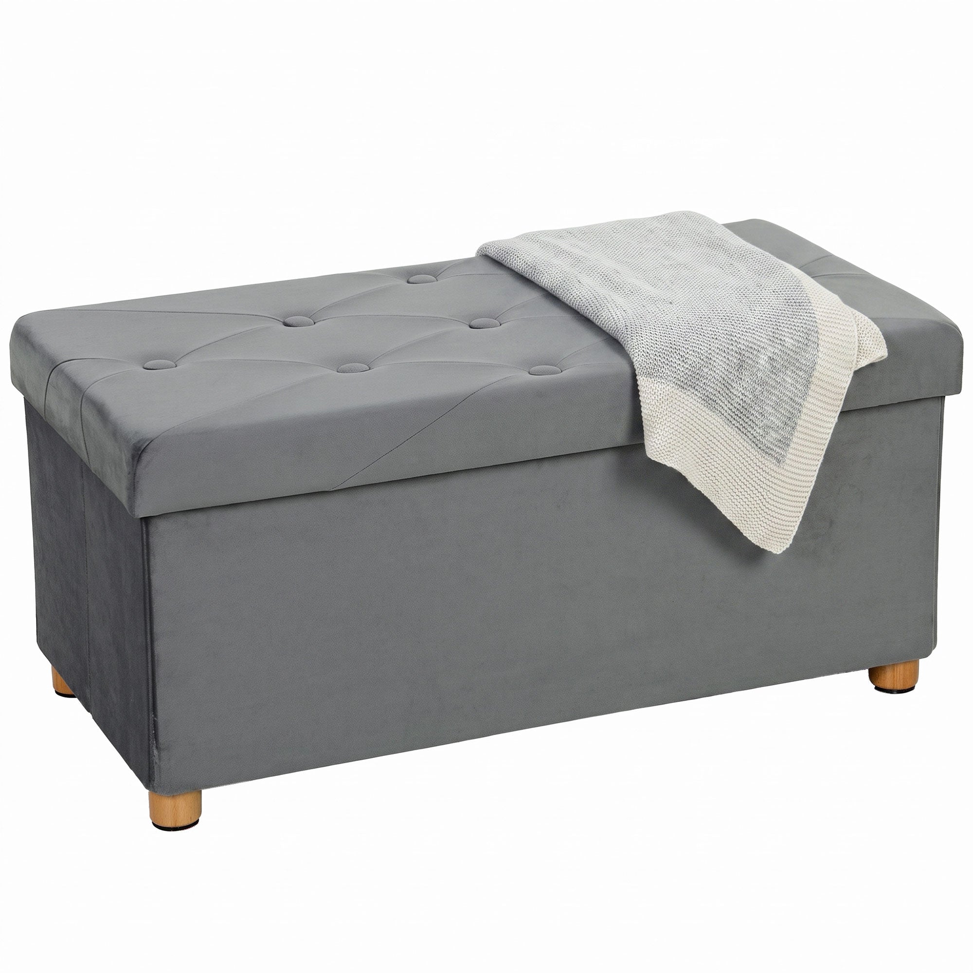 HOMCOM Velvet Upholstered Foldable Ottoman Footrest, Storage Ottoman Bench with Wood Legs for Living Room, Grey