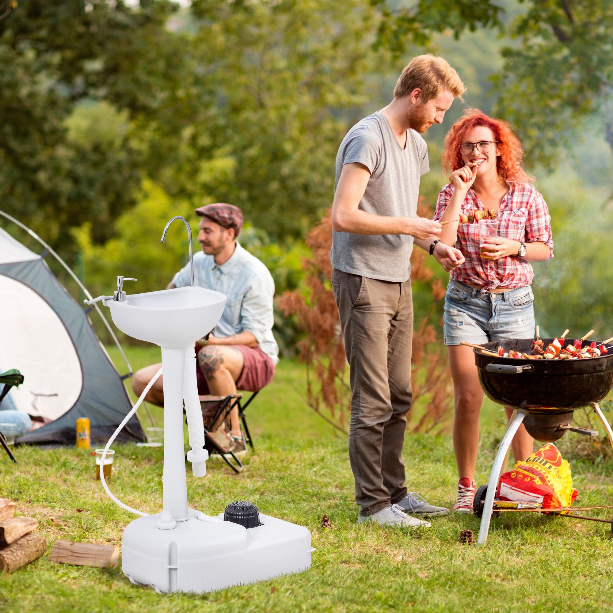 Outsunny Camping Portable Handwash Sink w/ Towel Holder & Soap Dispenser Rolling Wheels Outdoor Drainage Equipment
