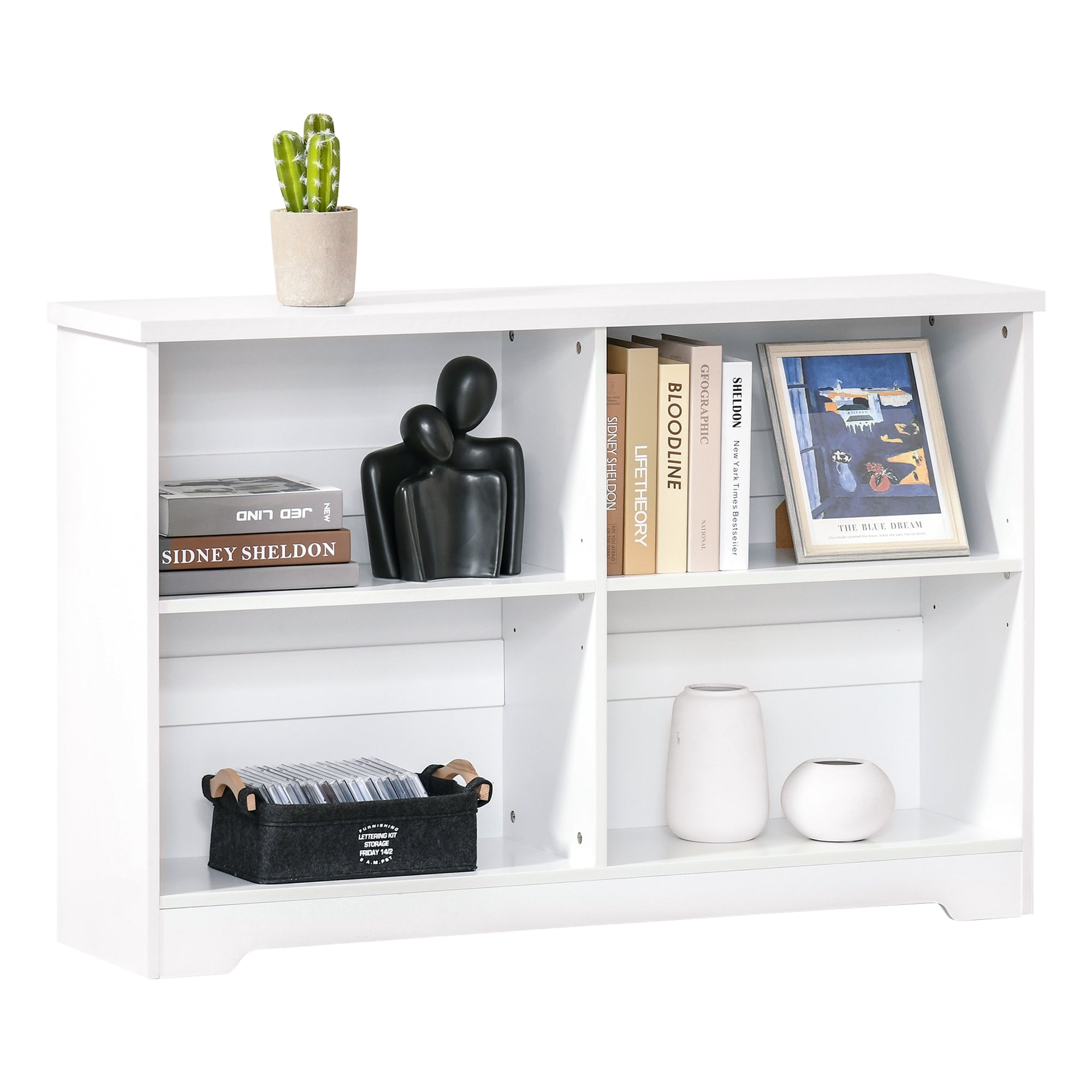 HOMCOM Wooden Cube Bookcase, 2 Tier Open Storage Shelving Unit with 4 Compartments, Freestanding Display Bookshelf for Home Office Living Room Furniture, 118 x 29 x 76cm, White - North Peak Garden Furniture