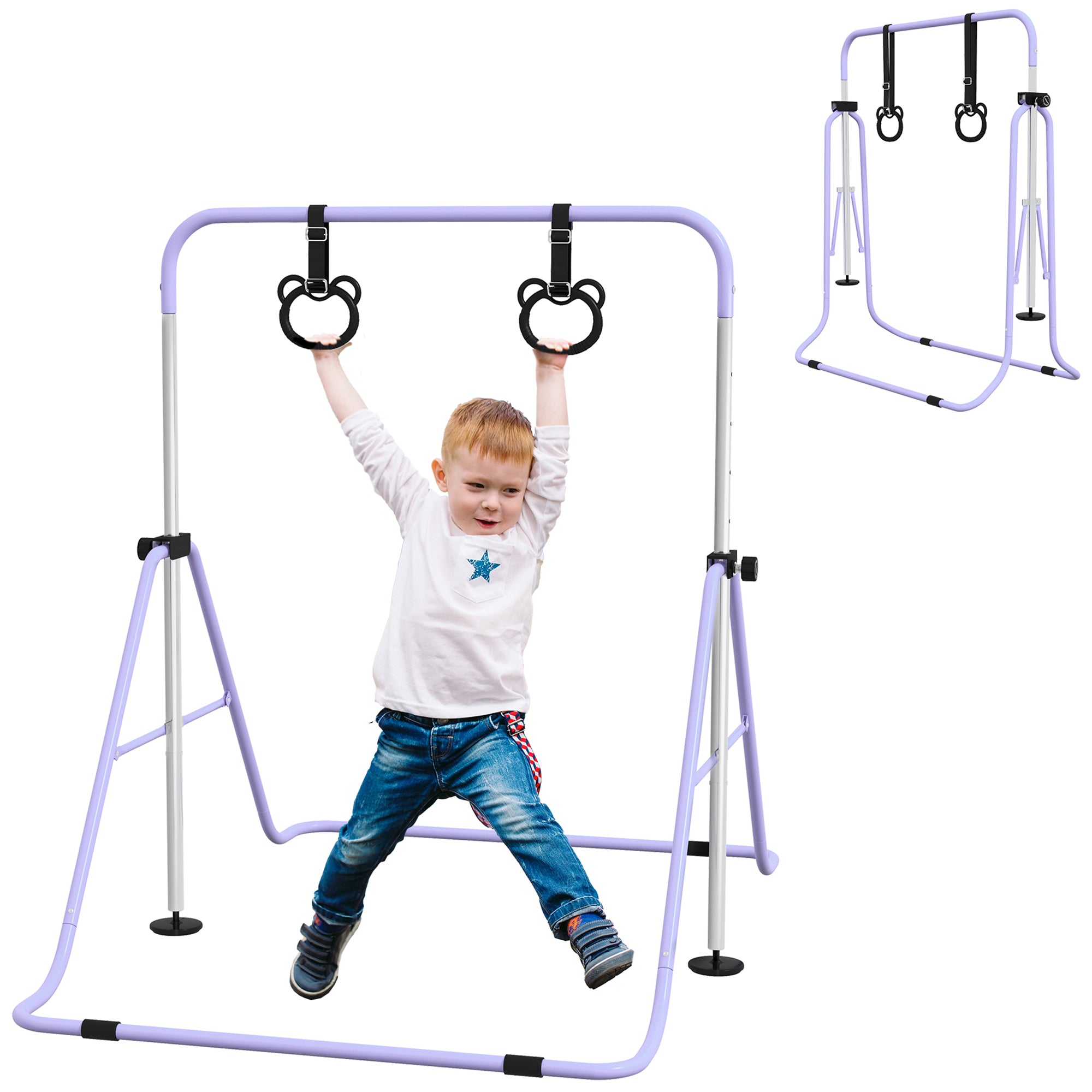 HOMCOM Adjustable Height, Foldable Kids Gymnastics Bar w/ Non-Slip Mats, for 3+ Years, Purple - North Peak Garden Furniture