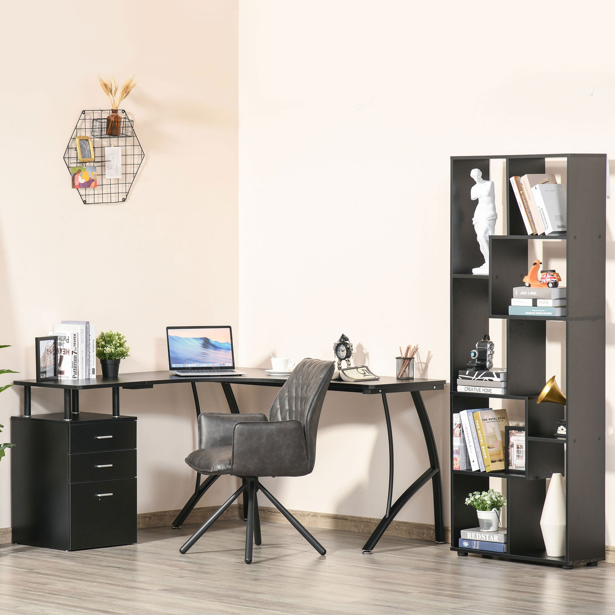 HOMCOM L-Shaped Computer Desk Table with Storage Drawer Home Office Corner Industrial Style Workstation for A4 Files 152 x 143.5 x 76cm, Black - North Peak Garden Furniture