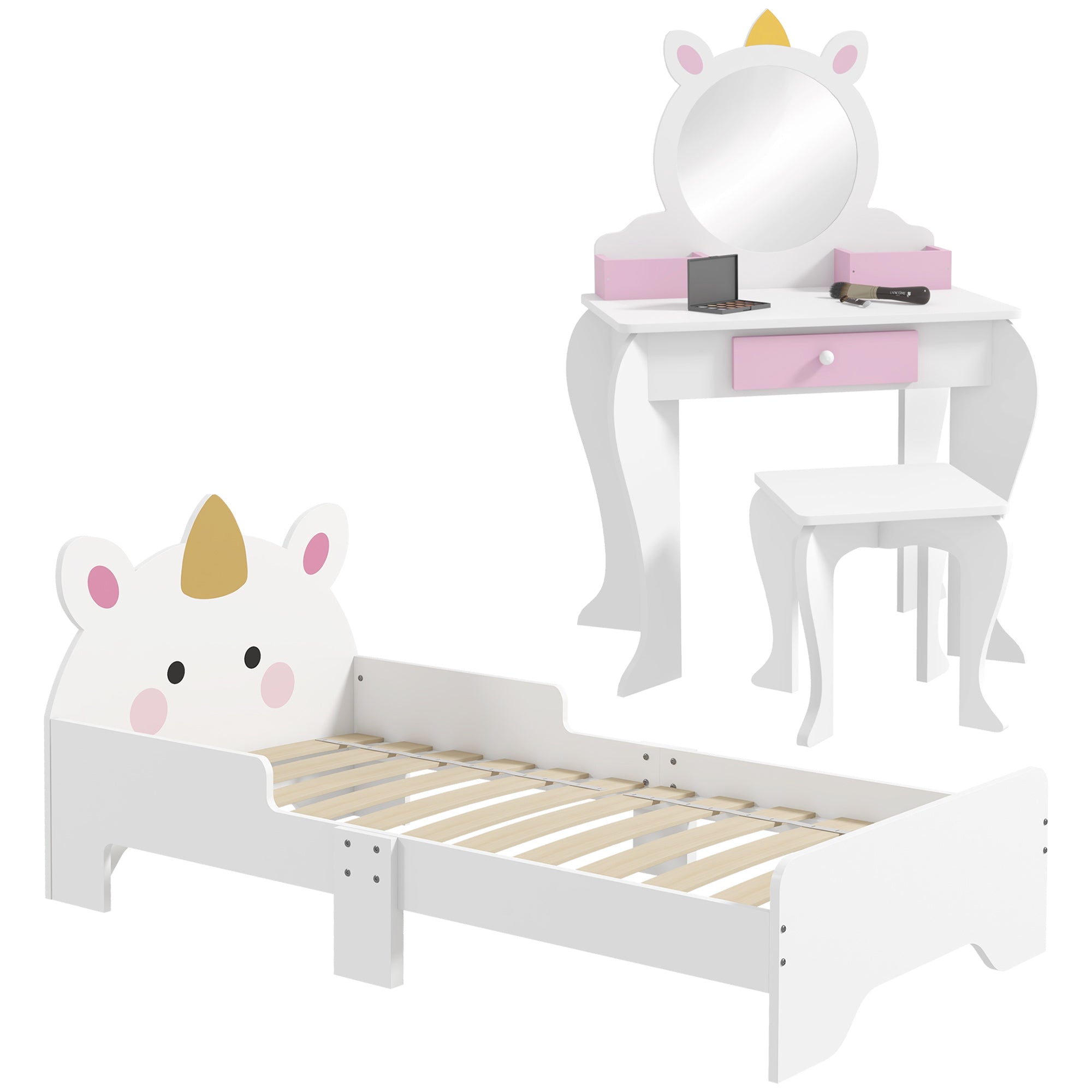 ZONEKIZ Kids Bedroom Furniture Set with Kids Dressing Table with Mirror and Stool, Toddler Bed Frame for 3-6 Years, Unicorn Design - North Peak Garden Furniture
