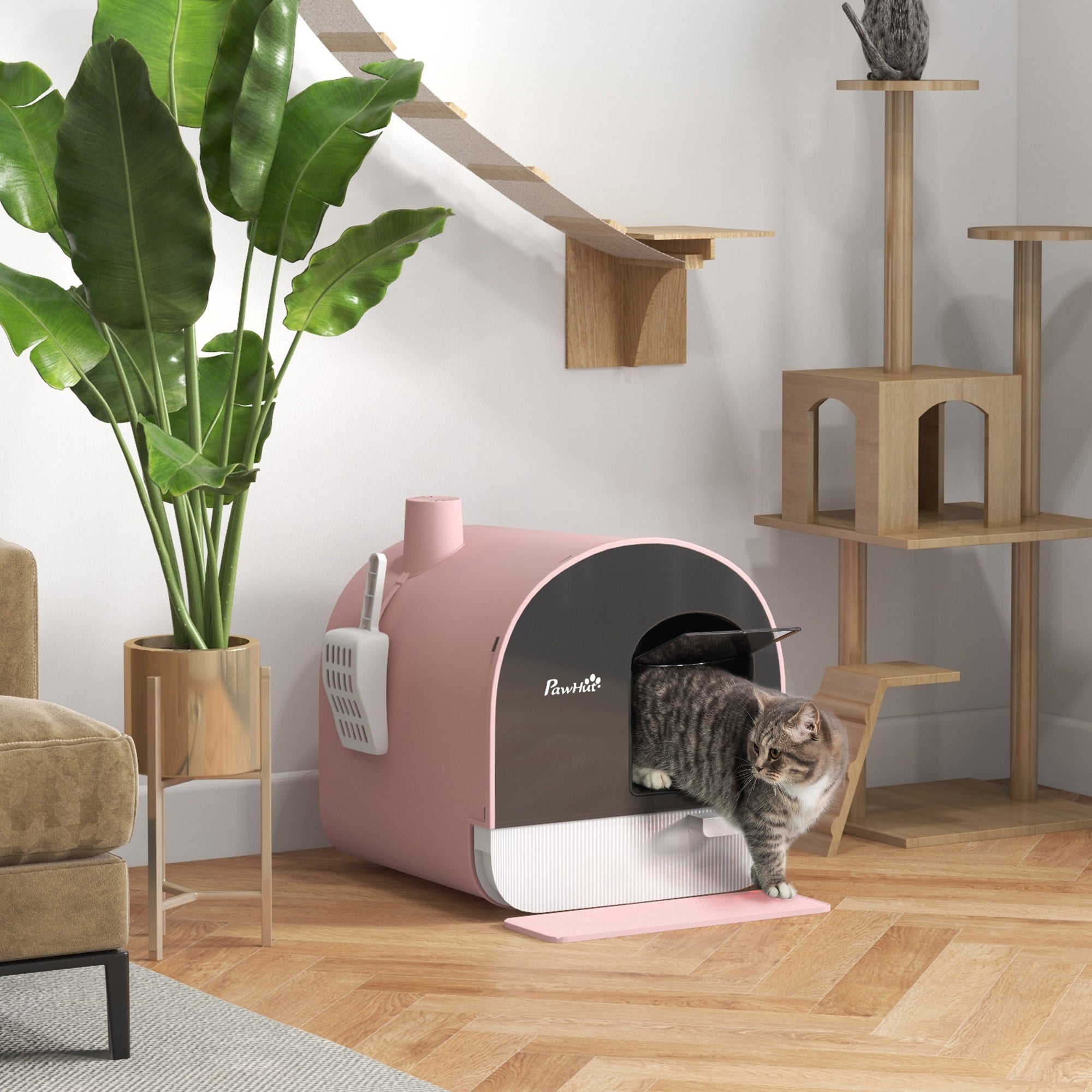 PawHut Hooded Cat Litter Box, Kitten Litter Tray, with Lid, Scoop, Filter, Flap Door, Pink - North Peak Garden Furniture