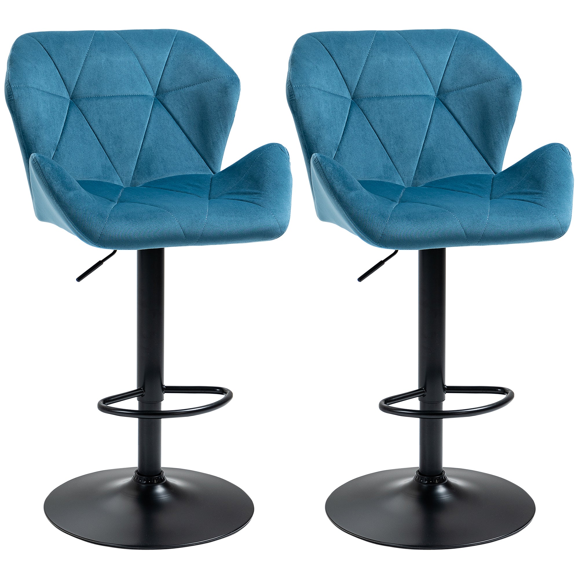 HOMCOM Bar Stools Set Of 2, Luxurious Velvet-Touch Barstools with Metal Frame Footrest Round Base Triangle Indenting Moulded Seat Adjustable Height Swivel Blue - North Peak Garden Furniture